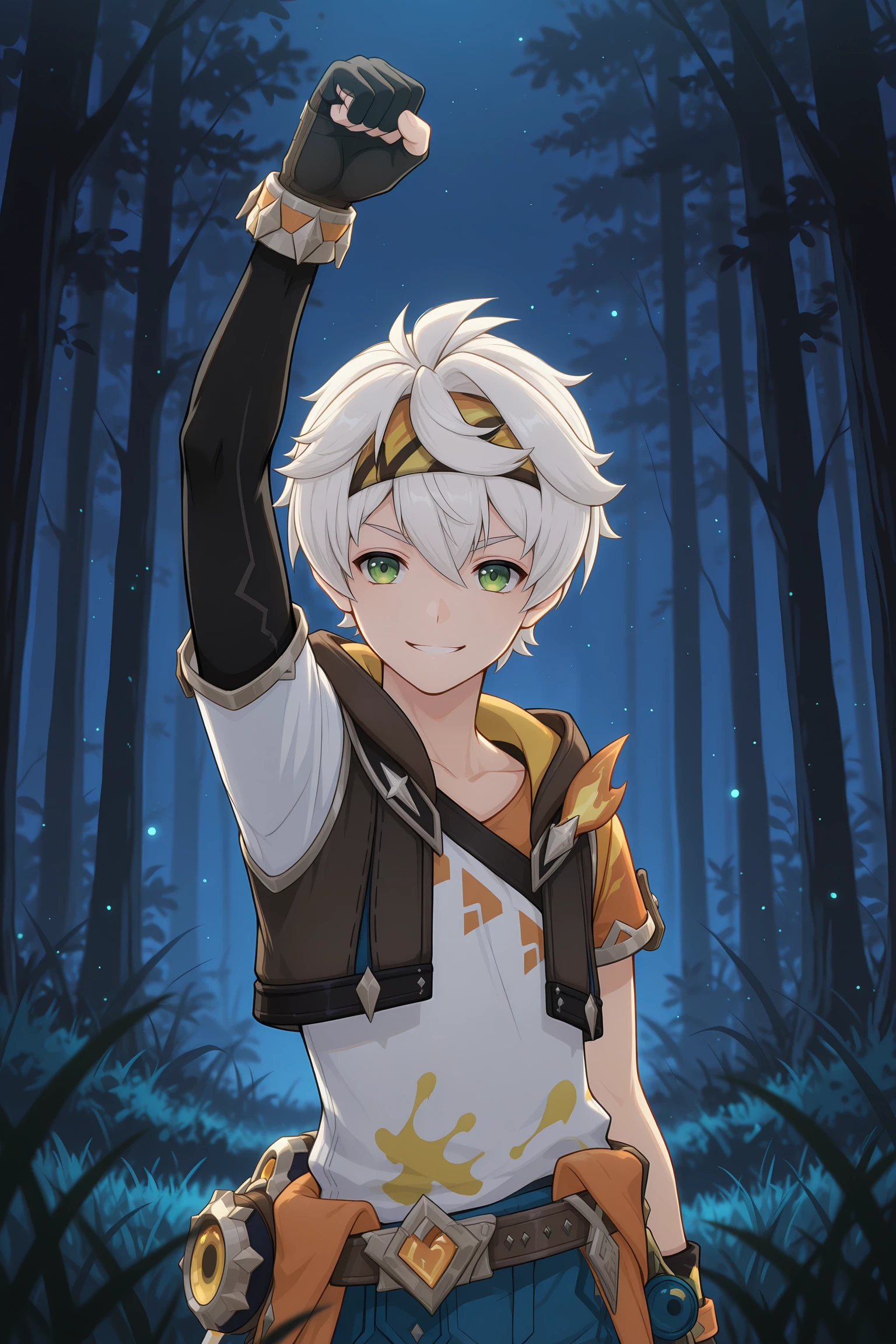 masterpiece, best quality, absurdres, ultra-detailed, extremely detailed, anime, volumetric lighting, night, depth of field, 1boy, arm up, asymmetrical gloves, upper body, asymmetrical sleeves, bennett_skin, black gloves, blue pants, clenched hand, fingerless gloves, forest, gloves, grass, green eyes, hair between eyes, hood, male focus, shirt, short hair, short sleeves, smile, white hair <lora:bennett_adventures_in_blazing_hue:1>