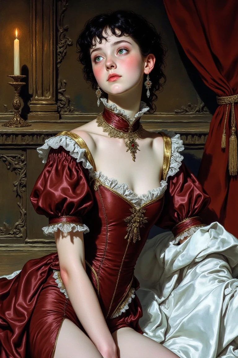 A digital artwork of a young woman with pale skin and dark, wavy hair, dressed in elaborate Victorian clothing of deep burgundy and gold silk, featuring a high collar, puffed sleeves, and intricate lace trim. Her light green eyes gaze slightly upward, and her lips remain subtly parted, conveying an air of serene elegance. She is seated in a lavish medieval royal chamber adorned with carved wooden panels, velvet draperies, and gilded accents illuminated by soft candlelight. Her right arm rests gently on a folded piece of white satin fabric that introduces a tactile element to the foreground. The rich tones of her attire contrast beautifully with her pale complexion, while the warm, regal background enhances the composition with opulent depth. Gentle interplay of light and shadow glides across her figure and the surrounding textures, creating an atmosphere of refined grandeur.