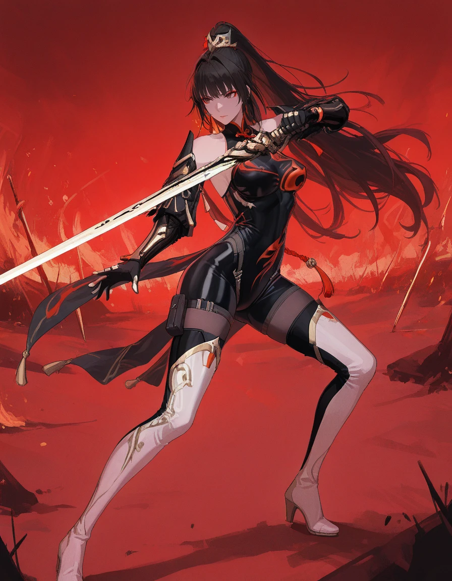 masterpiece,best quality,amazing quality,very aesthetic,high resolution,ultra detailed,perfect details,
battlefield,red theme, 
<lora:mai_pgr_qu_qm_lqgy:1>,mai_pgr_qu_qm_lqgy,brown eyes,red eyeshadow,very_long_hair,high_ponytail,black_hair,mature female,(aged up:1.5),hair_ornament,bodysuit,bare_shoulders,gloves,mechanical_arms,pantyhose,boots,black_bodysuit,chinese_clothes,thigh_boots,white_footwear,tassel,gold_trim,holding_sword,<lora:mai_pgr_x1:1>,
dynamic pose,fighting stance,fire,feather,