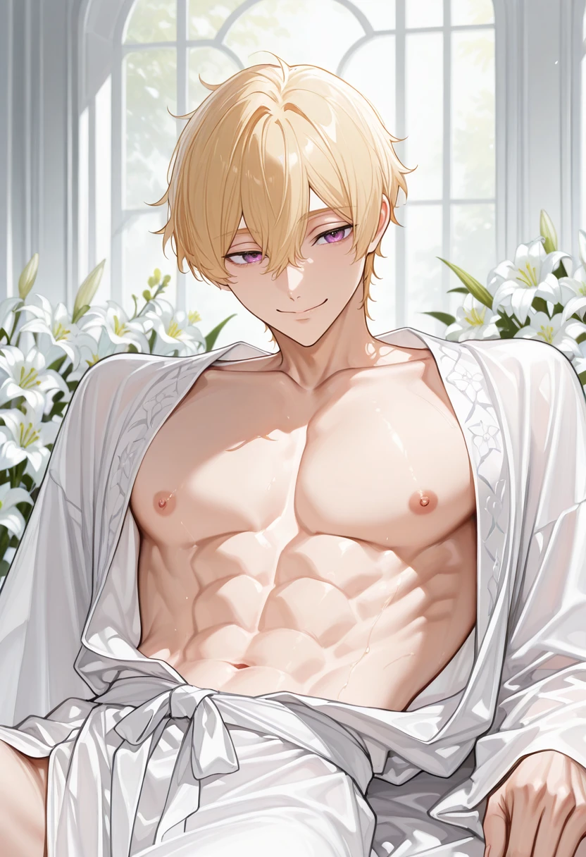 very awa, masterpiece, best quality, absurdres, newest, perfect quality, detailed background, intricate details, solo,
<lora:ILFr33Nag1saH4zuk1:1>
Fr33Nag1saH4zuk1, 1boy, male focus, blonde hair, hair between eyes, purple eyes, bare pectorals, white flower, white robe, abs, nipples, toned, open robe, bishounen, reclining, lily (flower), long sleeves, smile