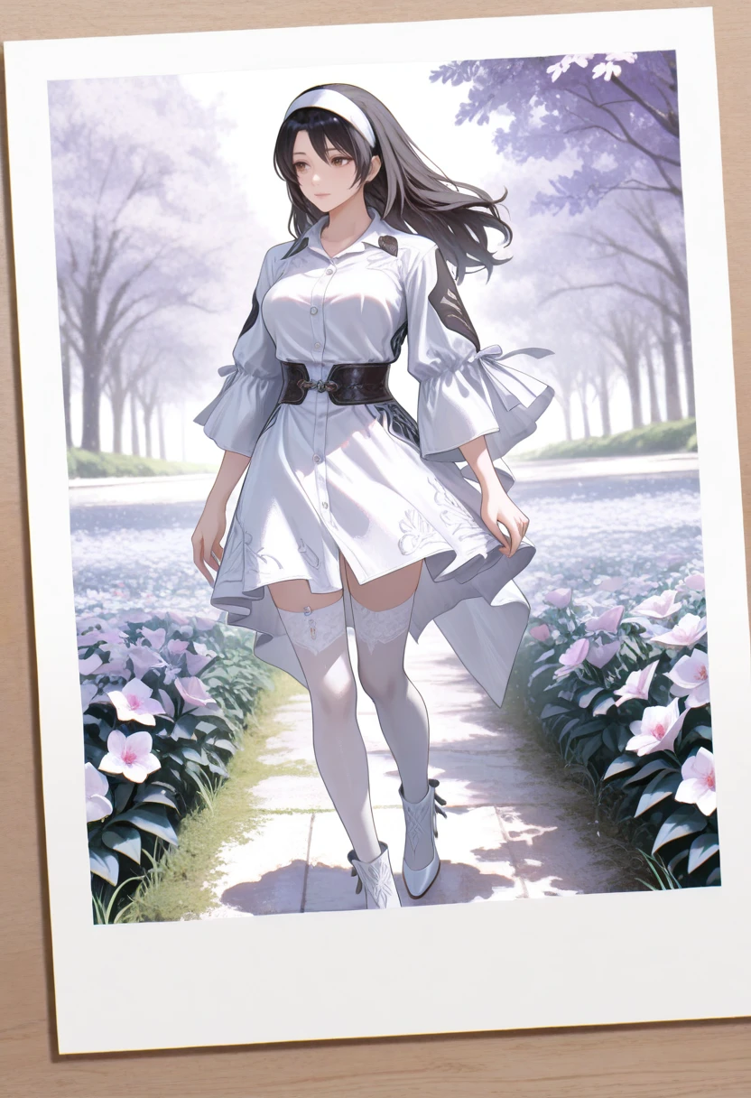 very awa, masterpiece, best quality, absurdres, newest, perfect quality, detailed background, intricate details
<lora:ILTKJun:1>
TKJun, 1girl, black hair, white hairband, long hair, brown eyes, looking at viewer, a polaroid picture with a fullbody girl figure on it, painted flower over the polaroid picture, purple, black, white, orange combination palette, Polaroid Film Photo, Minimum Polaroid Frame, she has look of innocence, her eyes is looking away with a subtle smilewhite stockings,  white high-heels, Exquisite composition, rhododendrons, style that adds depth and realism. Art, Painting, Add painting, (Very complex painting), flowers, exterior, watercolor,