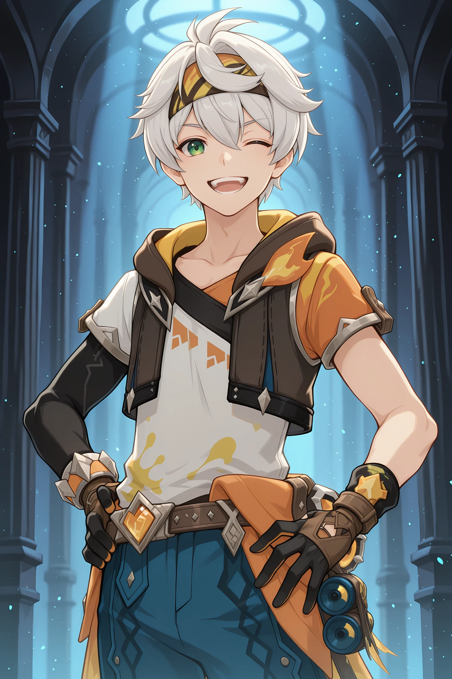 masterpiece, best quality, absurdres, ultra-detailed, extremely detailed, anime, volumetric lighting, 1boy, male focus, green eyes, gloves, solo, one eye closed, black gloves, short hair, open mouth, blue pants, looking at viewer, smile, shirt, pants, headband, white hair, hood, grey hair, hair between eyes, teeth, fingerless gloves, short sleeves, hand on own hip, brown gloves   <lora:bennett_adventures_in_blazing_hue:1>