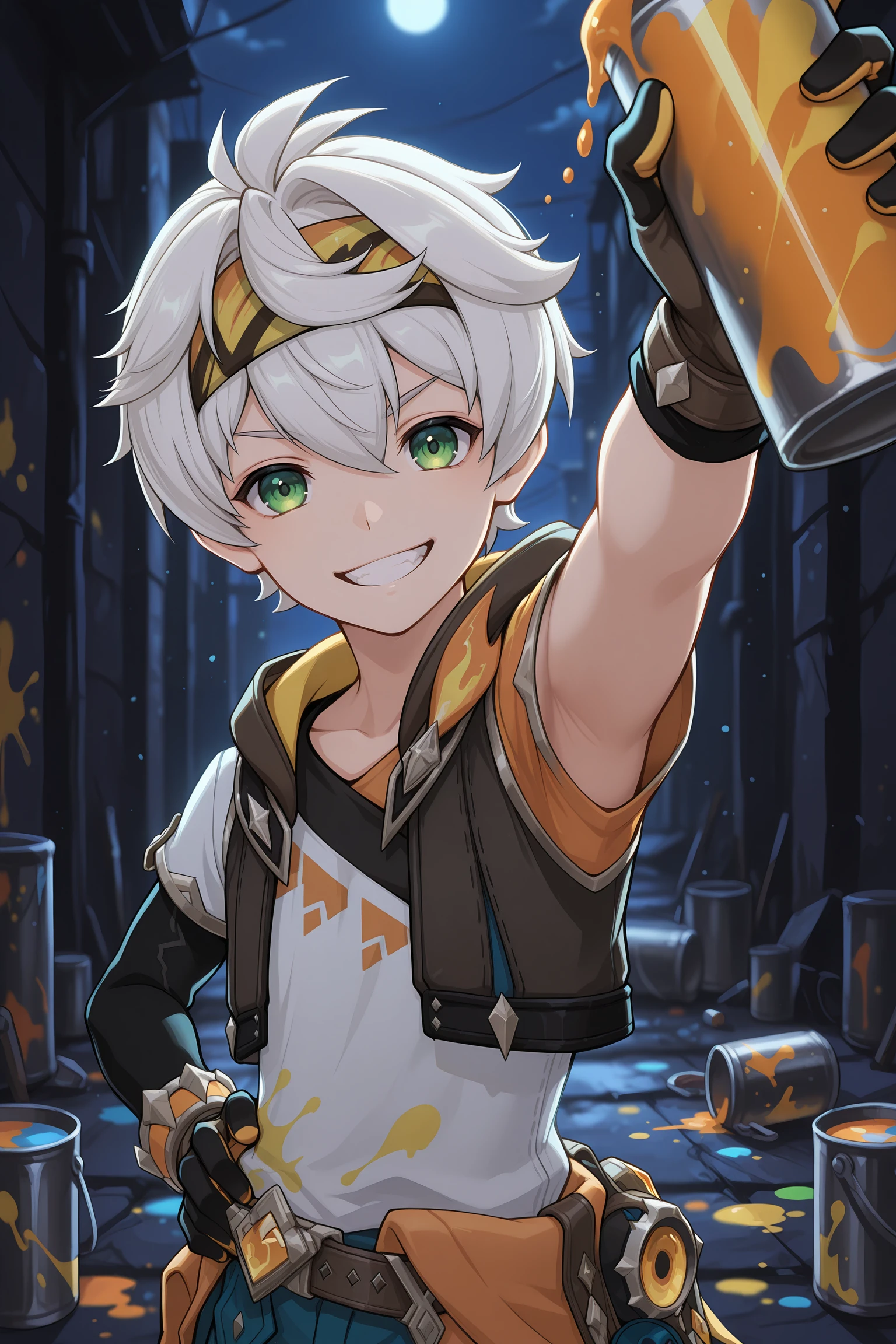 masterpiece, best quality, absurdres, ultra-detailed, extremely detailed, anime, volumetric lighting, night, depth of field, bennett_skin, 1boy, male focus, green eyes, solo, smile, paint can, holding, gloves, looking at viewer, jacket, shirt, grey hair, short hair, white hair, hair between eyes, grin, teeth, belt, face focus, armpit, paint splatter, hood, hand on waist, dynamic pose, foreshortening, white background <lora:bennett_adventures_in_blazing_hue:1>
