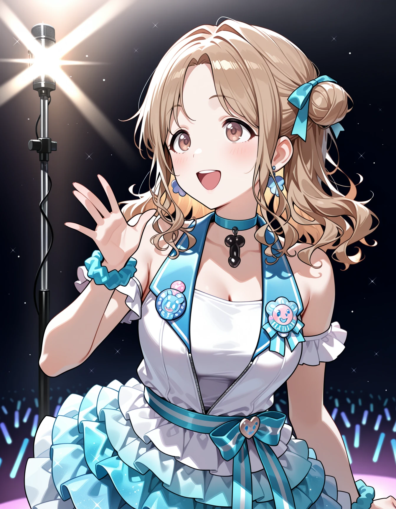 1girl, solo, <lora:Penis_pendant_IL_v1:1>d1ck pendant, black pendant, <lora:Hinana Ichikawa:0.9> aahinana, brown eyes, light brown hair, single side bun, hinanaidol, blue hair ribbon, blue choker, white shirt, badge, white jacket, sleeveless jacket, bare shoulders, frilled sleeves, blue sash, waist sash, blue skirt, layered skirt, wrist scrunchie, stage lights, hand up, singing,, masterpiece, best quality, amazing quality, very aesthetic, absurdres, newest,