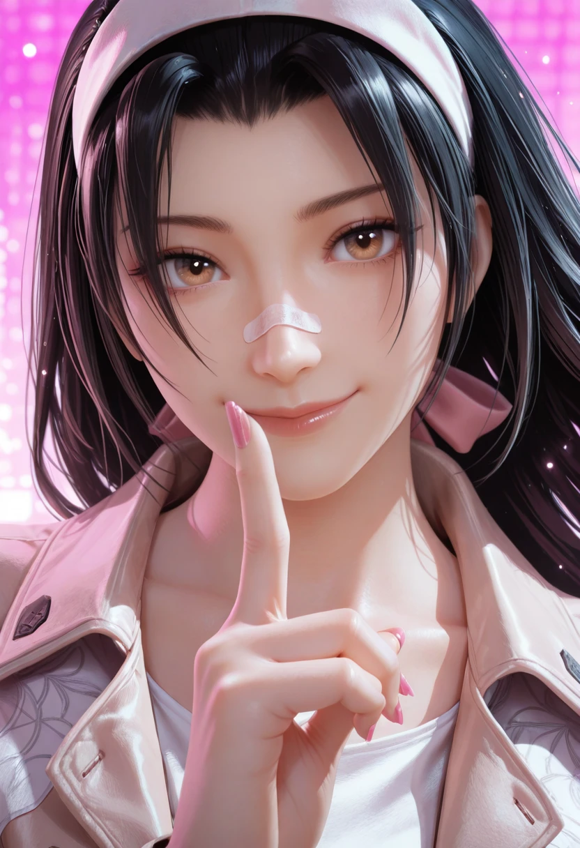 very awa, masterpiece, best quality, absurdres, newest, perfect quality, detailed background, intricate details
<lora:ILTKJun:1>
TKJun, 1girl, black hair, white hairband, long hair, brown eyes, looking at viewer, wearing a loose bomber jacket in pastel pink with cute patches, white crop top underneath, pink band-aid on nose, background with small floating sparkles, playful "fake tough girl" vibe, soft lighting, dynamic pose, dynamic angle, close up, portrait, eye focus, long pink nails, confident smile, mischievous expression, head tilted slightly, peace sign gesture near right eye