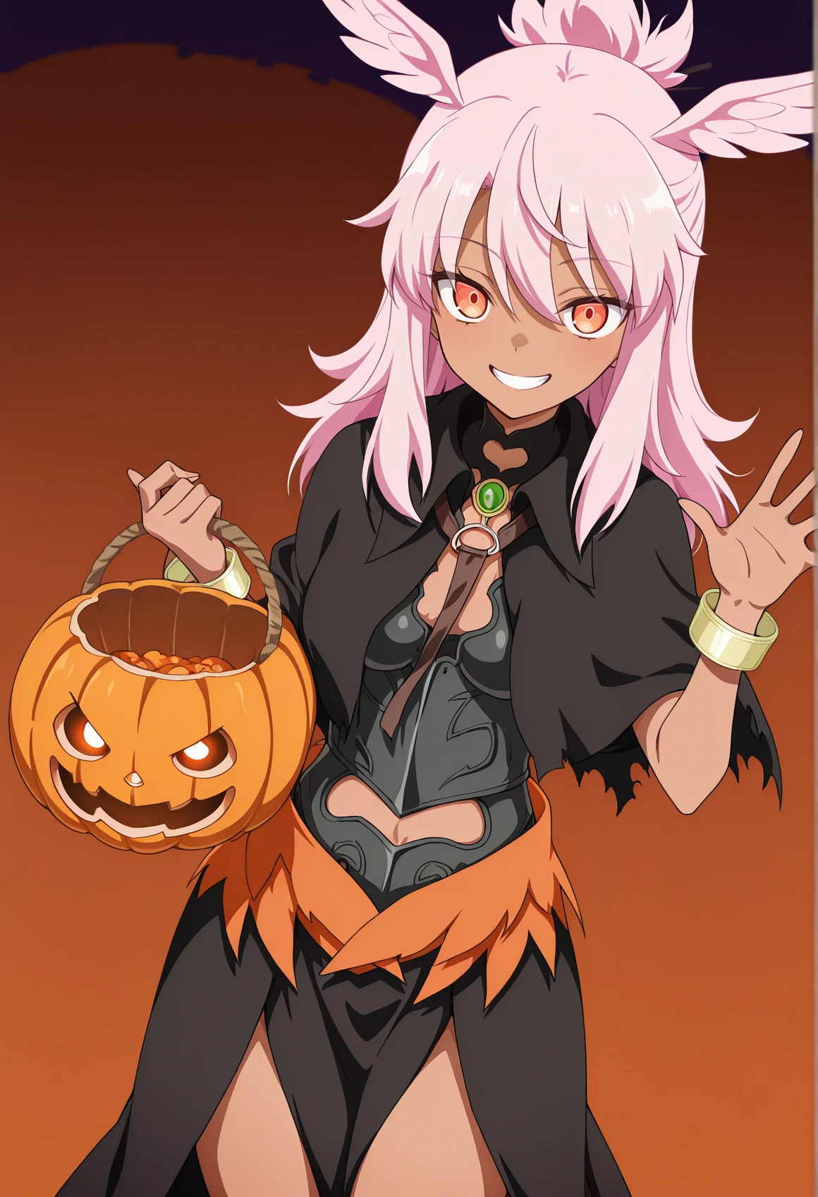 anime coloring, anime screencap, 1girl, head wings, armor, bracelet, waist cape, capelet, pink hair, dark skin, medium hair, topknot, orange eyes, evil smile, waving at viewer, holding pumpkin basket, halloween, <lora:valkyries_FGO:1> <lora:Kuro_Illus:1>, masterpiece, best quality, amazing quality, very aesthetic, absurdres, highres, newest
