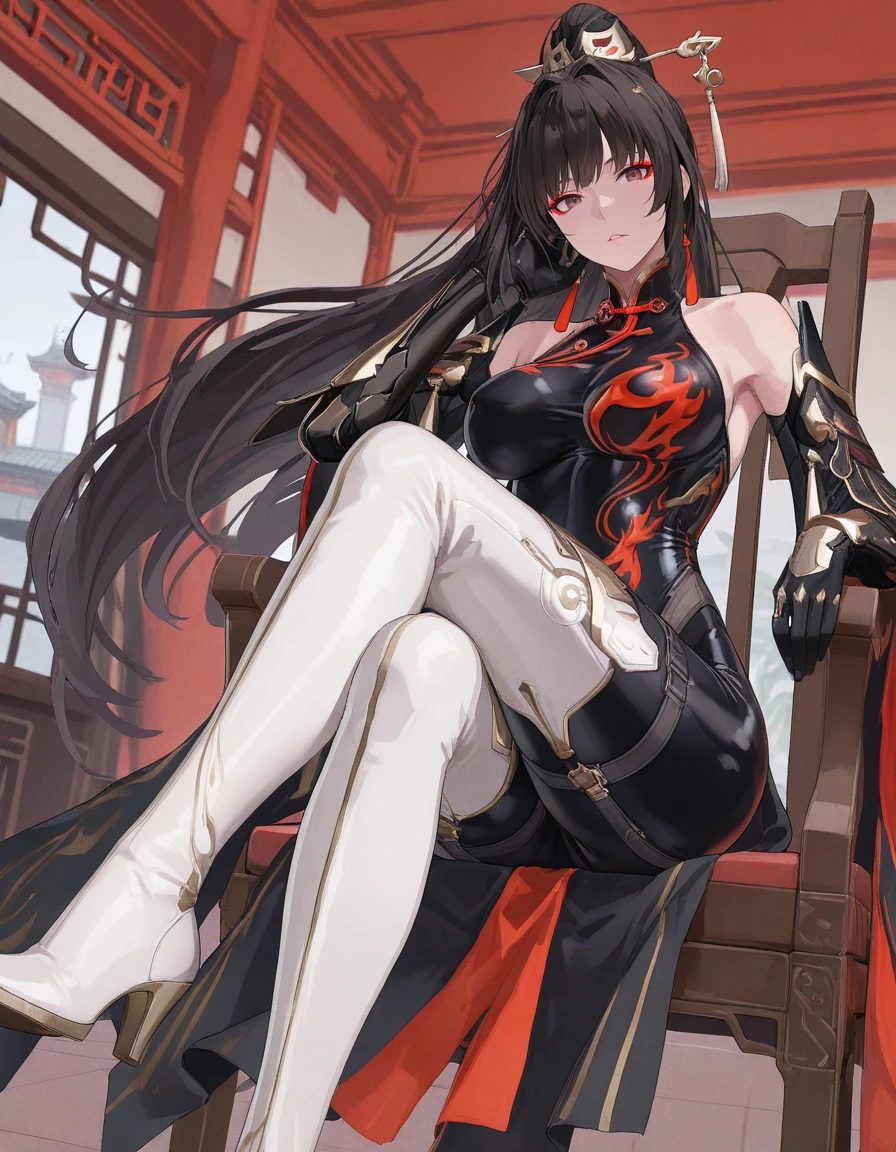 masterpiece,best quality,amazing quality,very aesthetic,high resolution,ultra detailed,perfect details,
1girl,solo,full_body,standing,looking_at_viewer,<lora:mai_pgr_qu_qm_lqgy:1>,mai_pgr_qu_qm_lqgy,brown eyes,red eyeshadow,very_long_hair,high_ponytail,black_hair,mature female,(aged up:1.5),hair_ornament,bodysuit,bare_shoulders,gloves,mechanical_arms,pantyhose,boots,black_bodysuit,chinese_clothes,thigh_boots,white_footwear,tassel,gold_trim,<lora:mai_pgr_x1:1>,dynamic pose,china building,indoors,sitting, china chair,crossed legs, feet focus,hand on face