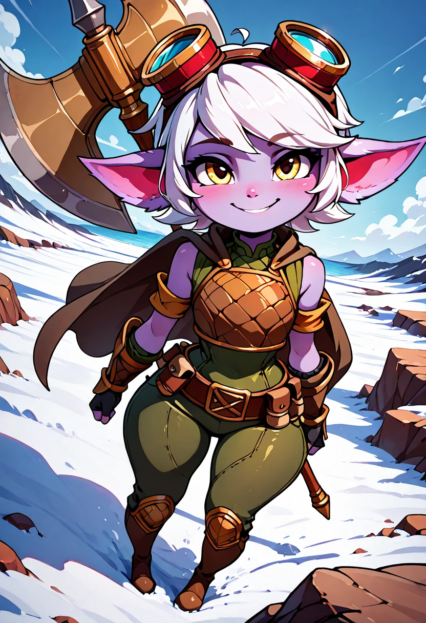 masterpiece, best quality, solo, curvy, beautiful eyes, narrow waist, wide hips, 1girl, solo, smile, looking at viewer, dynamic angle, foreshortening, close up,    zzTristana, yellow eyes, pointy ears, white short hair, purple skin, goggles on head, yordle,   ,<lora:TristanaIXL_v2:0.7>,[Shieldmaiden of the North], fur-lined leather tunic with intricate metal detailing, chainmail vest underneath, wide leather belt with an ornate buckle, heavy woolen cloak with runic symbols, steel-toed boots, battle axe slung across her back, standing on a snow-covered cliff overlooking a fjord, the northern lights glowing above,