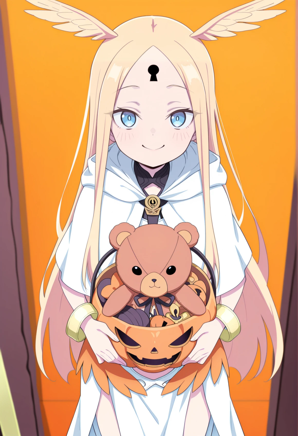anime coloring, anime screencap, 1girl, head wings, armor, bracelet, waist cape, capelet, blonde hair, forehead, keyhole, blue eyes, holding teddy bear, smile, holding pumpkin basket, halloween, <lora:valkyries_FGO:1> <lora:abby_2025:1>, masterpiece, best quality, amazing quality, very aesthetic, absurdres, highres, newest