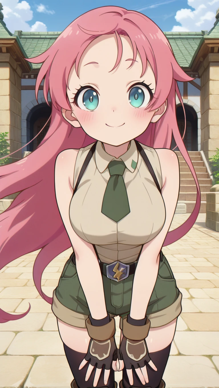 (masterpiece),best quality,amazing quality,very aesthetic,absurdres,newest,perfect body,shiny skin,perfect eyes,detail1eye,well-defined fingers,well-defined fingernails,anime style,outdoors,1girl,solo,upper body,(portrait:1.5),looking at viewer,facing viewer,smile,blush,I Was Reincarnated As The 7th Prince So I Can Take My Time Perfecting My Magical Ability anime style,Novice female,Novice female uniform,very long hair,pink hair,floating hair,bangs,blue eyes,collared shirt,sleeveless shirt,beige shirt,large breasts,dark green necktie,bare arms,fingerless gloves,black belt,suspender shorts,green shorts,short shorts,shorts rolled up,zettai ryouiki,black thighhighs,boots,<lora:TNT-Novice female(tnt)-Illus:1.6>,<lora:I Was Reincarnated As The 7th Prince anime[style]-Illus:2>,