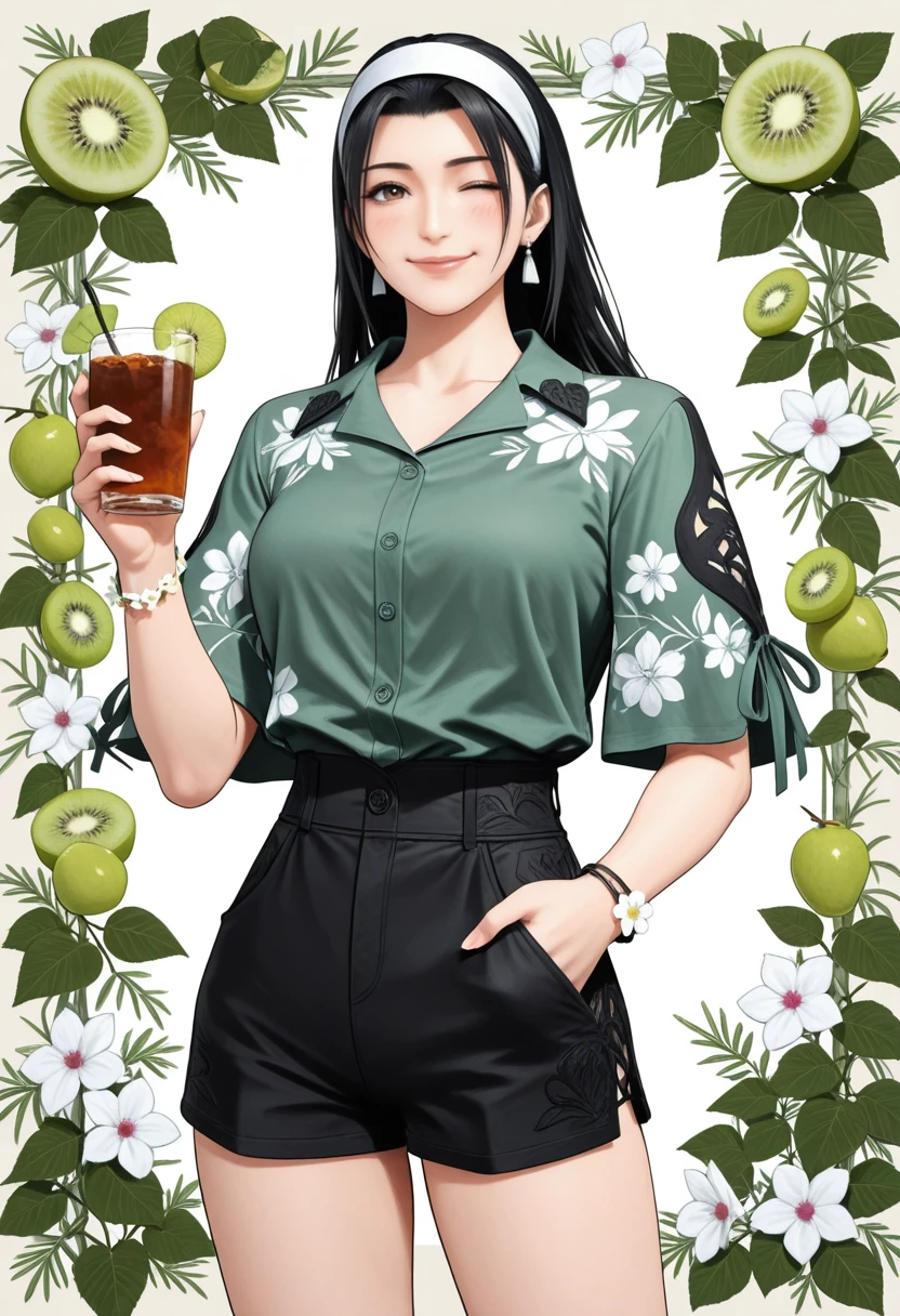 very awa, masterpiece, best quality, absurdres, newest, perfect quality, detailed background, intricate details
<lora:ILTKJun:1>
TKJun, 1girl, black hair, white hairband, long hair, brown eyes, looking at viewer, black shorts, blush, bracelet, cup, earrings, floral print, flower, flower bracelet, food, food print, fruit, green shirt, hand in pocket, holding cup, jewelry, kiwi fruit, kiwi slice, leaf, looking at viewer, one eye closed, ponytail, shirt, short sleeves, shorts, sidelocks, smile, strap, striped clothes, striped shirt, trinkets, white flower