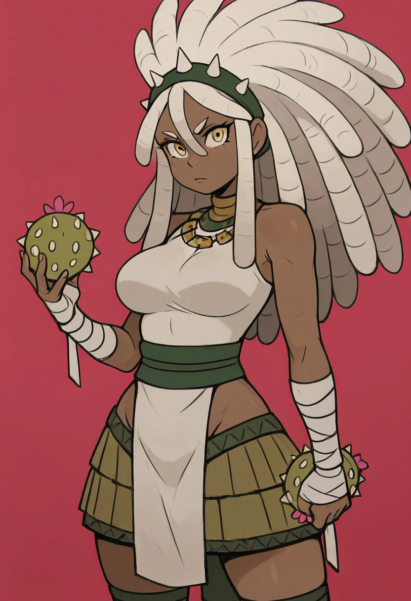 masterpiece, best quality, 1girl, solo, eyelashes, (beautiful eyes),   zzKacti, yellow eyes, white hair, long hair, sidelocks, dreadlocks, dark skin,  necklace, hairband, spikes, pelvic curtain, groin, skirt, bandaged arm,   <lora:KactiThorn:1.0>,