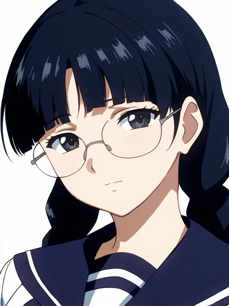 solo,looking at viewer,anime coloring,masterpiece,high score,great score,absurdres,portrait,white background,<lora:NaoKurata ag4o:1> naokurata, black hair, twin braids, black eyes, glasses,serafuku,