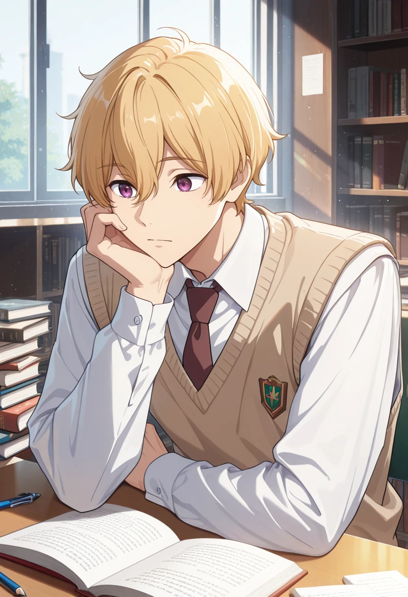 very awa, masterpiece, best quality, absurdres, newest, perfect quality, detailed background, intricate details, solo,
<lora:ILFr33Nag1saH4zuk1:1>
Fr33Nag1saH4zuk1, 1boy, male focus, blonde hair, hair between eyes, purple eyes, male focus, book stack, necktie, white shirt, indoors, window, long sleeves, collared shirt, bookshelf, sweater vest, closed mouth, pen, desk, open book, black pants, day, pencil, library, upper body, sitting, hand up, light particles, school uniform, head rest, brown vest, hand on own face, table, sunlight, bishounen