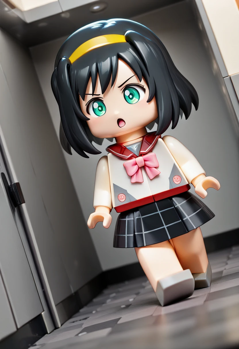 absurdres, highly-detailed, best quality, masterpiece, very aesthetic, amazing quality, l3g0, 
1girl, solo, (chibi:1.2), cute, full body, ak3h1me_m@yu, black hair, short hair, green eyes, yellow hairband, shiny skin BREAK school uniform, pink bow, red sailor collar, plaid skirt, black skirt,
:o, open mouth, dynamic angle, sharp focus <lora:LEGO_Style_IL:1.5> <lora:akehime mayu v1.0-000014:1>