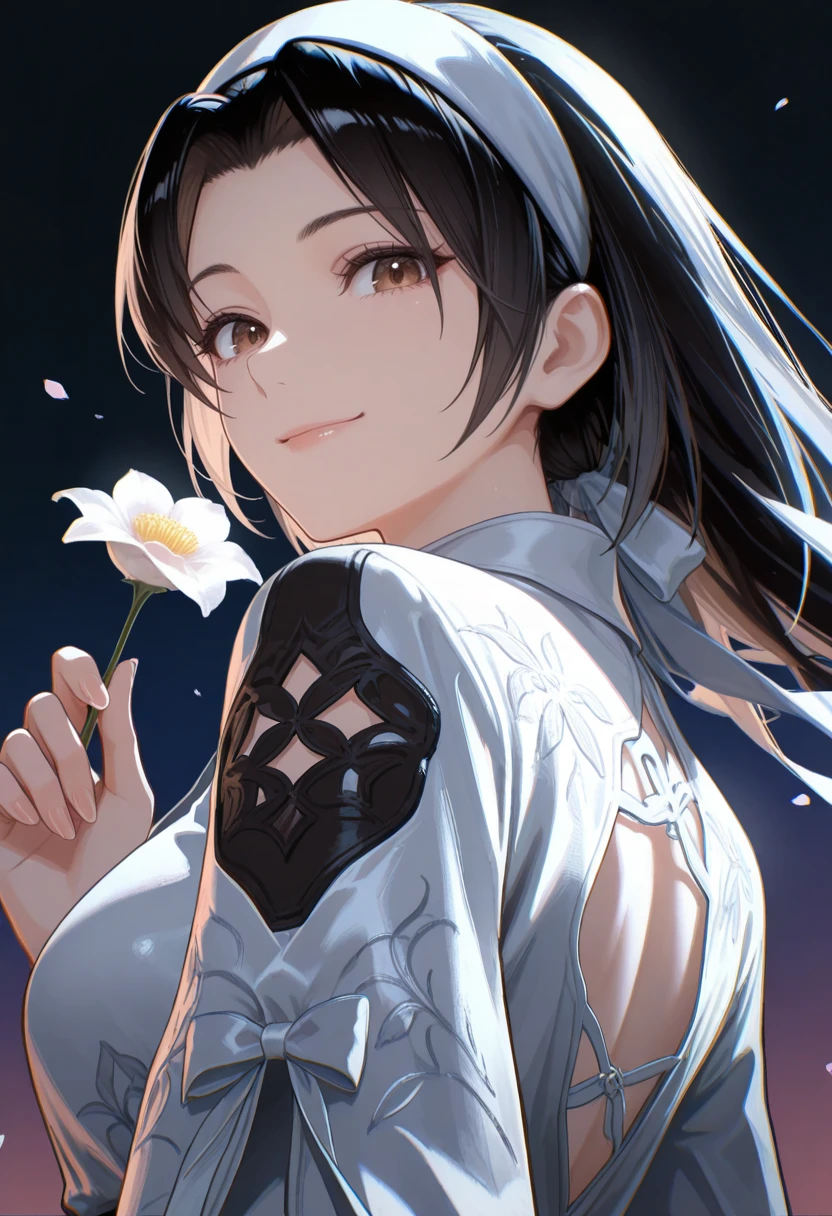 very awa, masterpiece, best quality, absurdres, newest, perfect quality, detailed background, intricate details
<lora:ILTKJun:1>
TKJun, 1girl, black hair, white hairband, long hair, brown eyes, looking at viewer, looking at viewer, charming smile, holding flower, chupa chups, upper body, from below, back lighting, dark, multicolored background