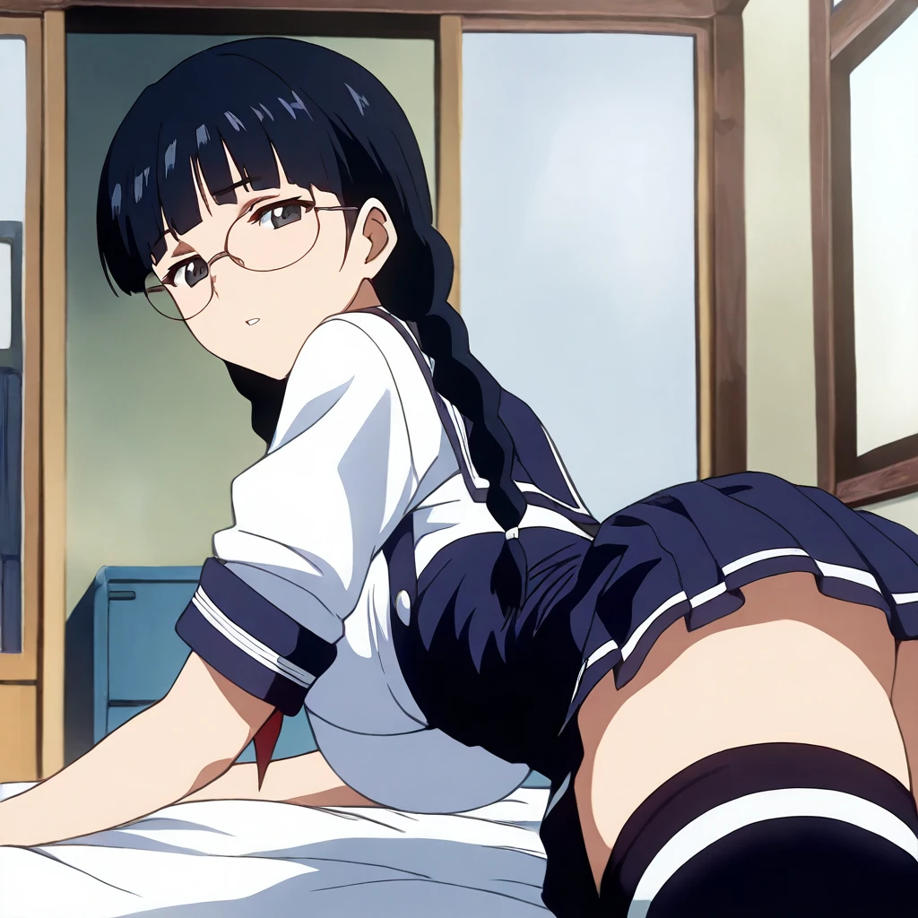 solo,looking at viewer,anime coloring,masterpiece,high score,great score,absurdres,<lora:NaoKurata ag4o:1> naokurata, black hair, twin braids, black eyes, glasses,serafuku,underbust,thighhighs,