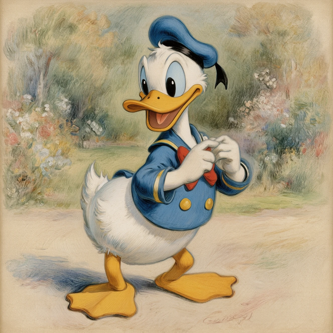 Vintage drawing style. Muted tones.

Donald duck.

(In the style of Pierre-Auguste Renoir). 1880s style.
