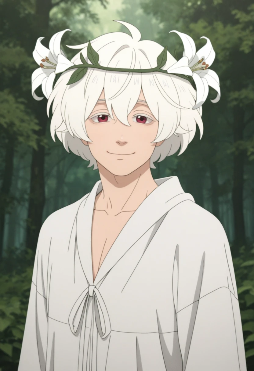 very awa, masterpiece, best quality, absurdres, newest, perfect quality, detailed background, intricate details, solo,
<lora:ILB4kut3nM4sh1ro:1>
B4kut3nM4sh1ro, 1boy, male focus, white hair, hair between eyes, red eyes, short hair, colored eyelashes, looking at viewer, ((lean body)), sheer white robes, (((white lilies on head))), (vines), beautiful, shimmering skin, gentle smile, looking at viewer, ((luscious forest background)), pastel colours, dusty colors,foggy effect, noise effect