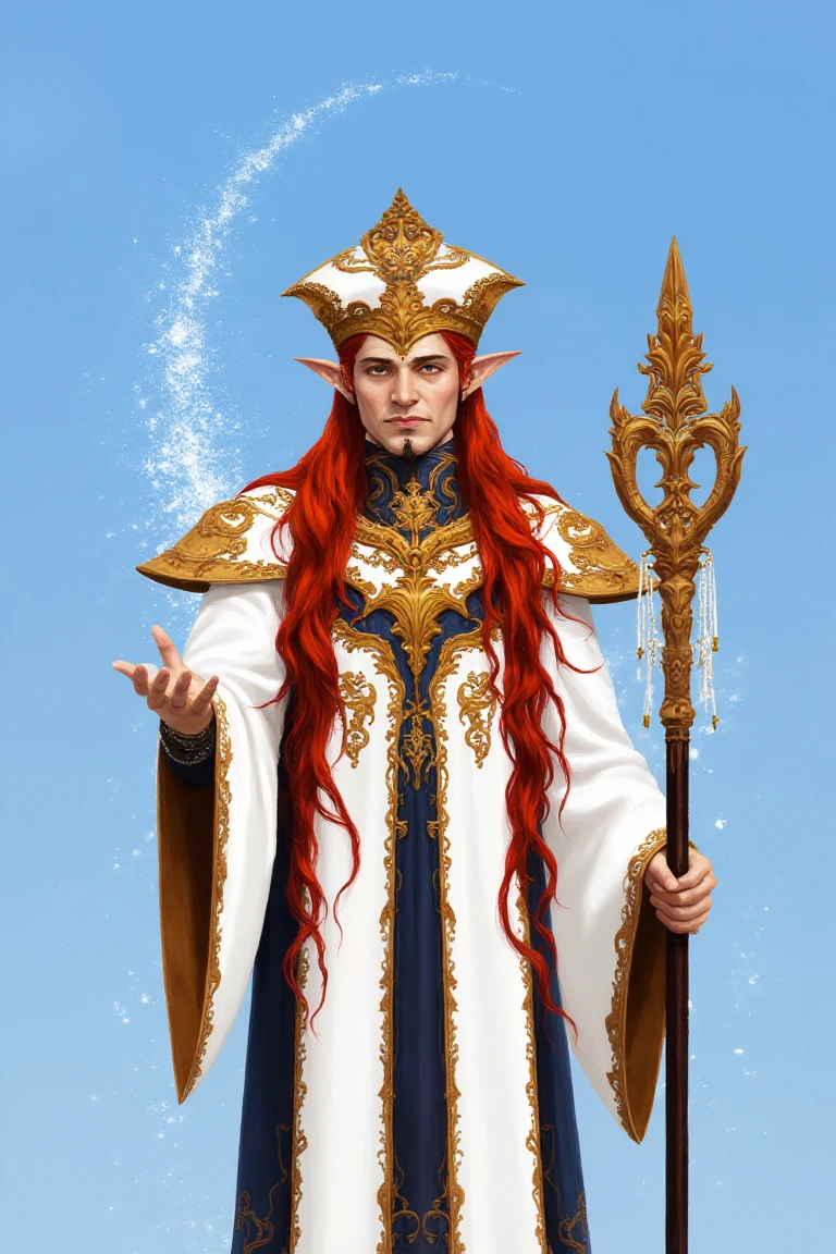 The image is a digital illustration of a man dressed up as a wizard. He is wearing a white robe with gold accents and a large, ornate hat with a pointed brim. The hat is decorated with intricate patterns and designs. The man has long red hair that is flowing in the wind and is holding a staff with a golden handle. He has a serious expression on his face and is gesturing with his right hand as if he is explaining something. The background is a clear blue sky with small white dots scattered throughout.