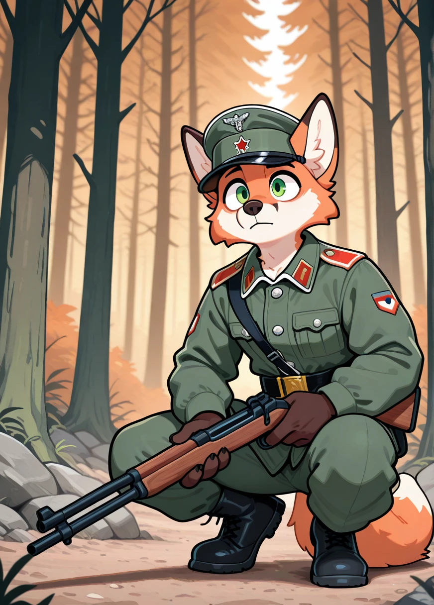 masterpiece, best quality, newest, absurdres, highres, 
anthro, solo, 1boy, fox, green eyes, orange, masculine, athletic, 
russian military uniform, millitary cap, holding rifle,
crouching, forest,