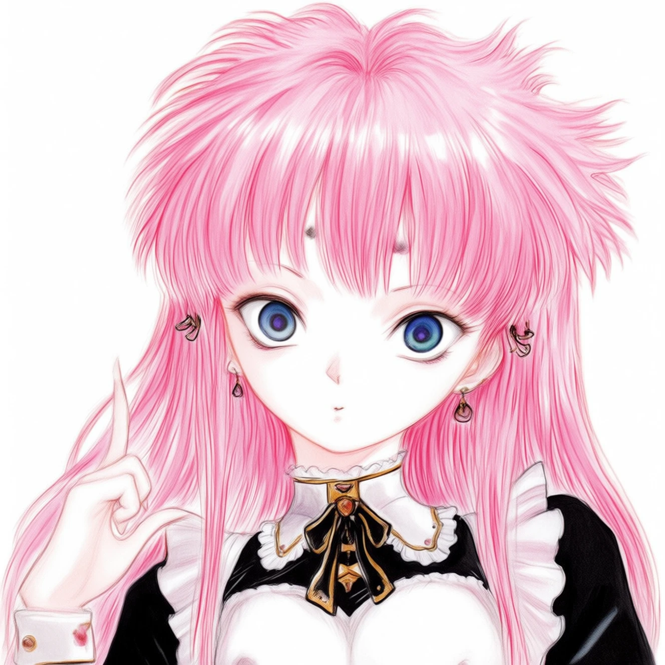 Yoshitaka Amano style. CivChan with pink hair wearing a maid outfit