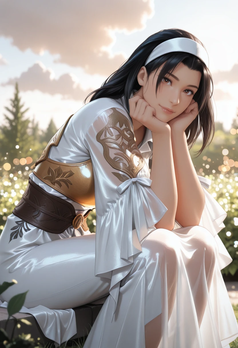 very awa, masterpiece, best quality, absurdres, newest, perfect quality, detailed background, intricate details
<lora:ILTKJun:1>
TKJun, 1girl, black hair, white hairband, long hair, brown eyes, looking at viewer, outside, sunlight, bokeh, portrait, ((close up)), side view, outside, garden, lush greens, dappled sunlight, bokeh, full body, leaning forward, sitting, flirty pose, looking at viewer, perfect hands, radiant paladin armor, golden armor, golden wings, wings resting, armor made of sunlight, breastplate, visible decolte, flowings silks, translucent silks, golden sword and shield, sun goddess, radiant majestic background, big clouds, sun, warm light, clouds bathed in light, ghibli clouds, , valkyrie