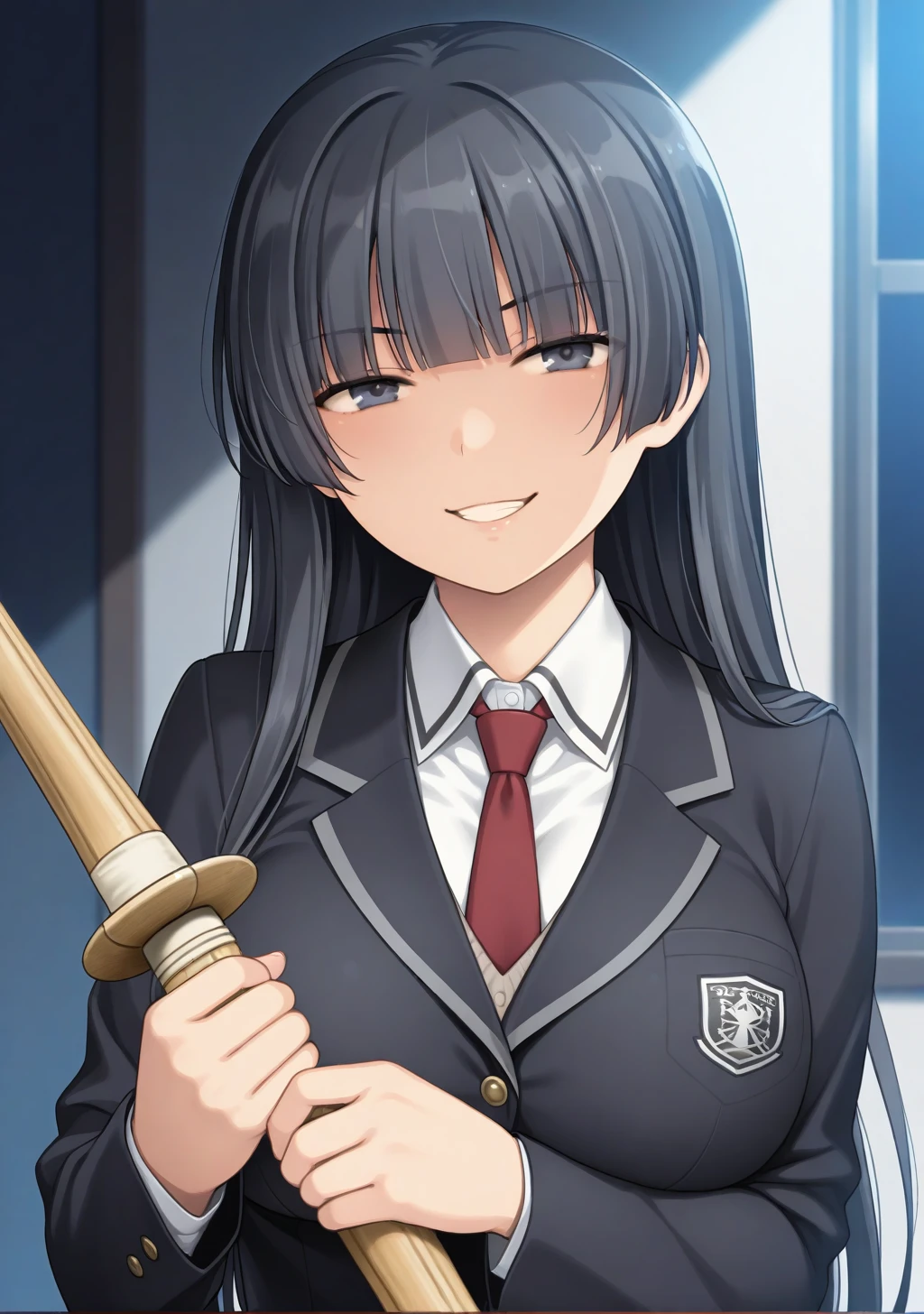 masterpiece, best quality, absurdres, perfect lighting,shiny skin,kosegawa shiromi,1girl,large breasts,shizuku, black hair, long hair,blazer ,blunt bangs,black eyes,<lora:shizuku_illu2:1>,school uniform,red necktie,skirt,black pantyhose,shinai,looking at viewer,grin,evil smile,depth of field,night,dimlighting,ruin,school,upper body,