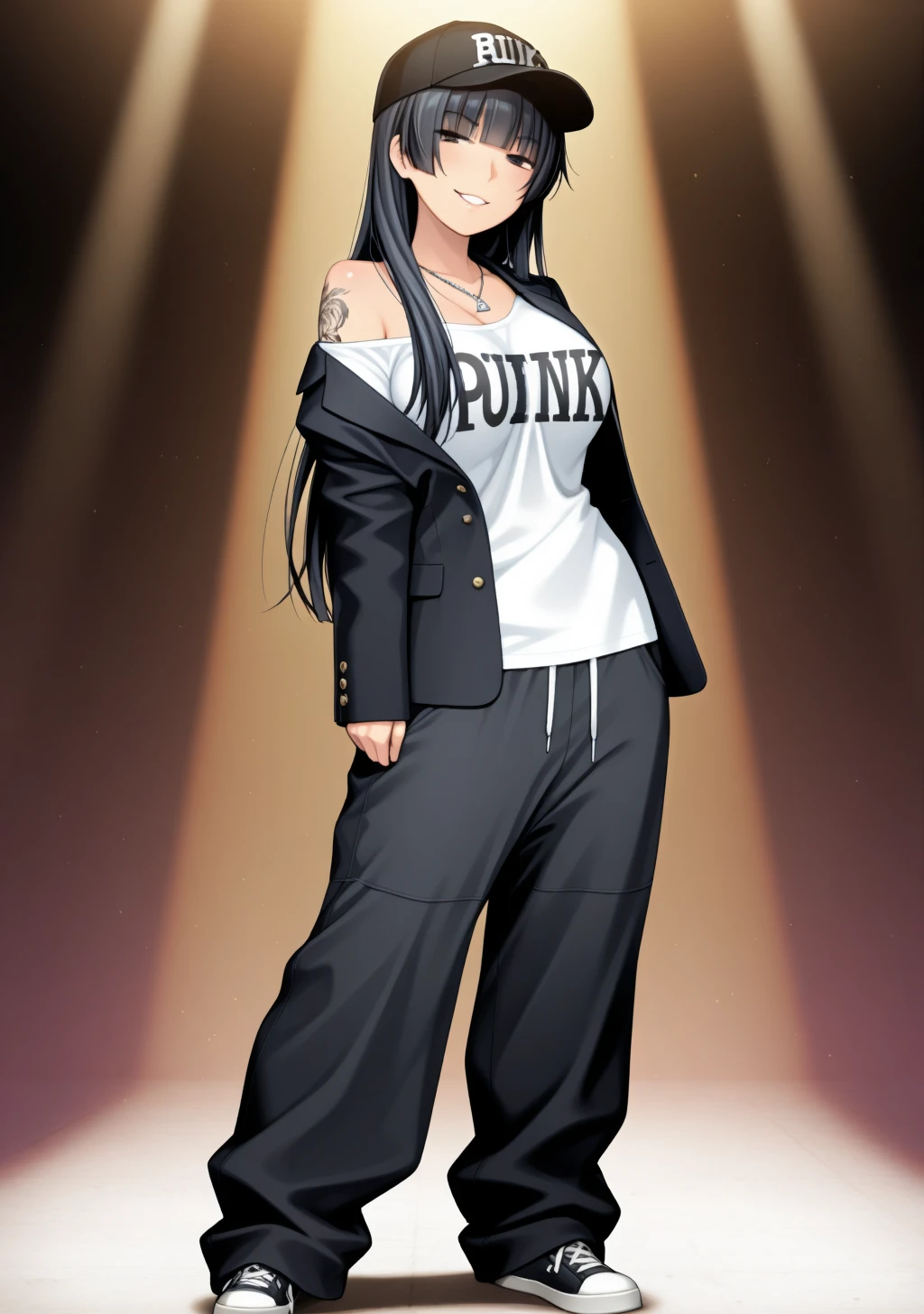 masterpiece, best quality, absurdres, perfect lighting,shiny skin,kosegawa shiromi,1girl,large breasts,shizuku, black hair, long hair,blazer ,blunt bangs,black eyes,<lora:shizuku_illu2:1>,punk,rapper,street wear, hip hop, oversized shirt,baggy oversized joggers,long_pants, sneakers, oversized,baseball cap,piercing,necklace,naughty face,dynamic pose,multicolored background,tattoo, shoulder tattoo,