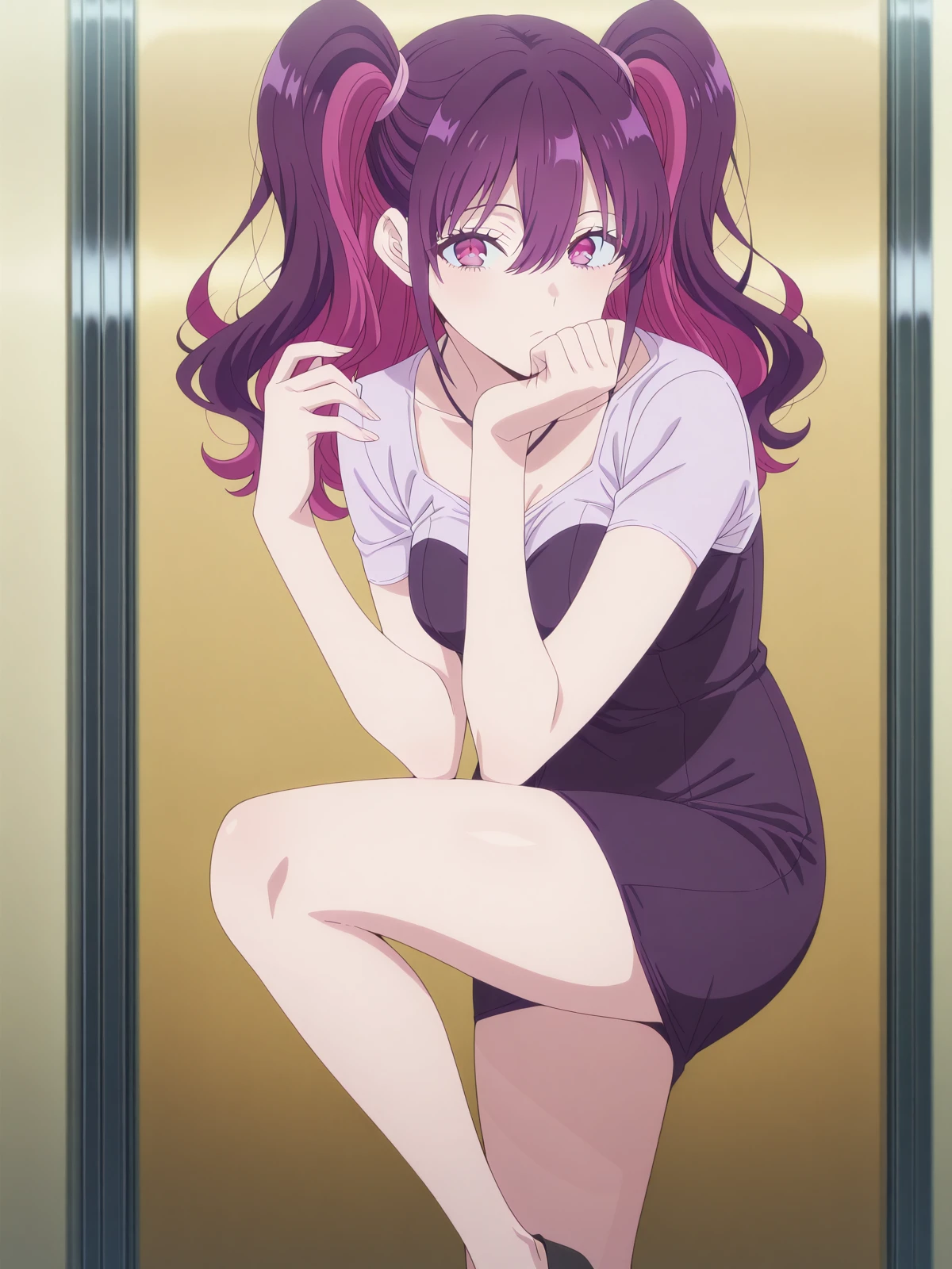 masterpiece, best quality, amazing quality,, <lora:mikari-tachibana-s1-illustriousxl-lora-nochekaiser:1>, mikari tachibana, long hair, bangs, hair between eyes, twintails, purple eyes, pink hair, purple hair, multicolored hair, two-tone hair, two side up, mature female, small breasts, anime screencap, <lora:giuseppe-zanotti-spring-summer-2009-illustriousxl-lora-nochekaiser:1>, giuseppe zanotti spring summer 2009, solo, leg up, hands up, feet out of frame, hand on own chin, lookin at viewer, standing on one leg,, , ,