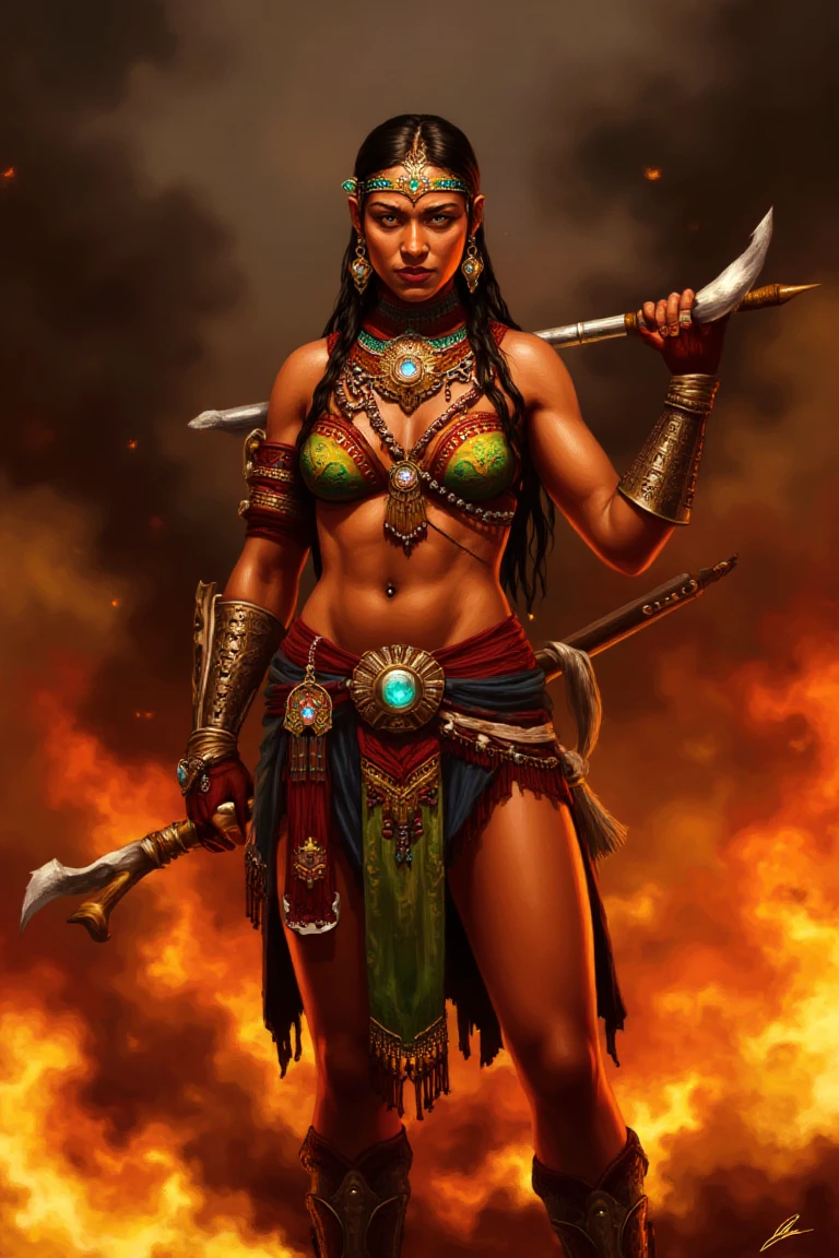 Digital illustration of a Latin American woman wearing traditional Aztec clothing, holding a long shaft in her hands. She stands in front of a fiery background with flames and smoke, fierce expression, strong and commanding pose. Highly detailed patterns on her outfit, vibrant colors, dramatic lighting, intense and powerful mood, cinematic composition.
