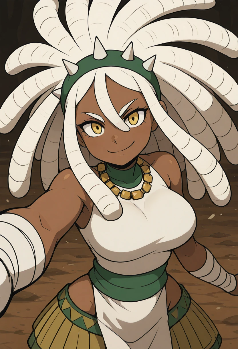 masterpiece, best quality, solo, curvy, beautiful eyes, narrow waist, wide hips, 1girl, solo, smile, looking at viewer, foreshortening, close up,    zzKacti, yellow eyes, white hair, long hair, sidelocks, dreadlocks, dark skin,  necklace, hairband, spikes, pelvic curtain, groin, skirt, bandaged arm,   <lora:KactiThorn:1.0>,   dynamic pose, cowboy shot, smile, looking at viewer, shiny skin,