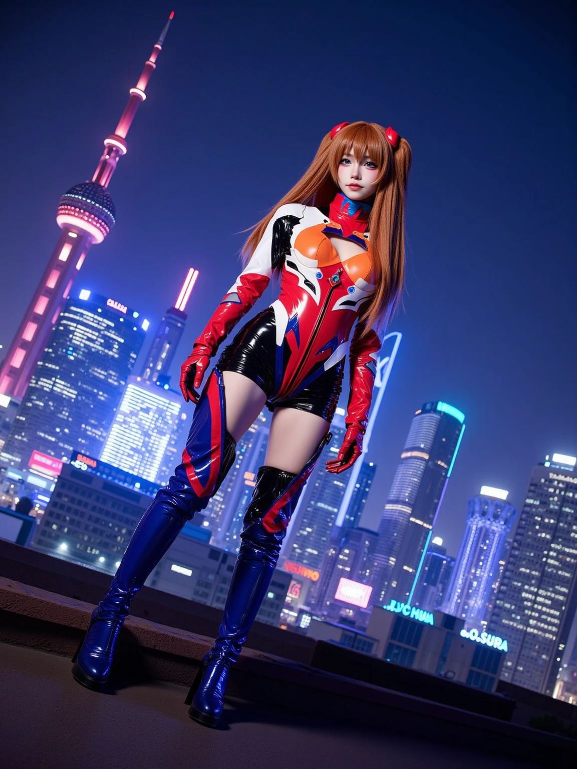 A realistic photo in cowboy shot of a tall and slender beautiful young woman in cyb-asuka cosplay costume. She is also wearing gloves. She has long orange twintails hair with interface headset.
She is standing on the edge of the roof with neon and led lights, behind is a futuristic cyberpunk skyline with skyscrapers.
The photo is in cowboy shot and with intricate details scene.