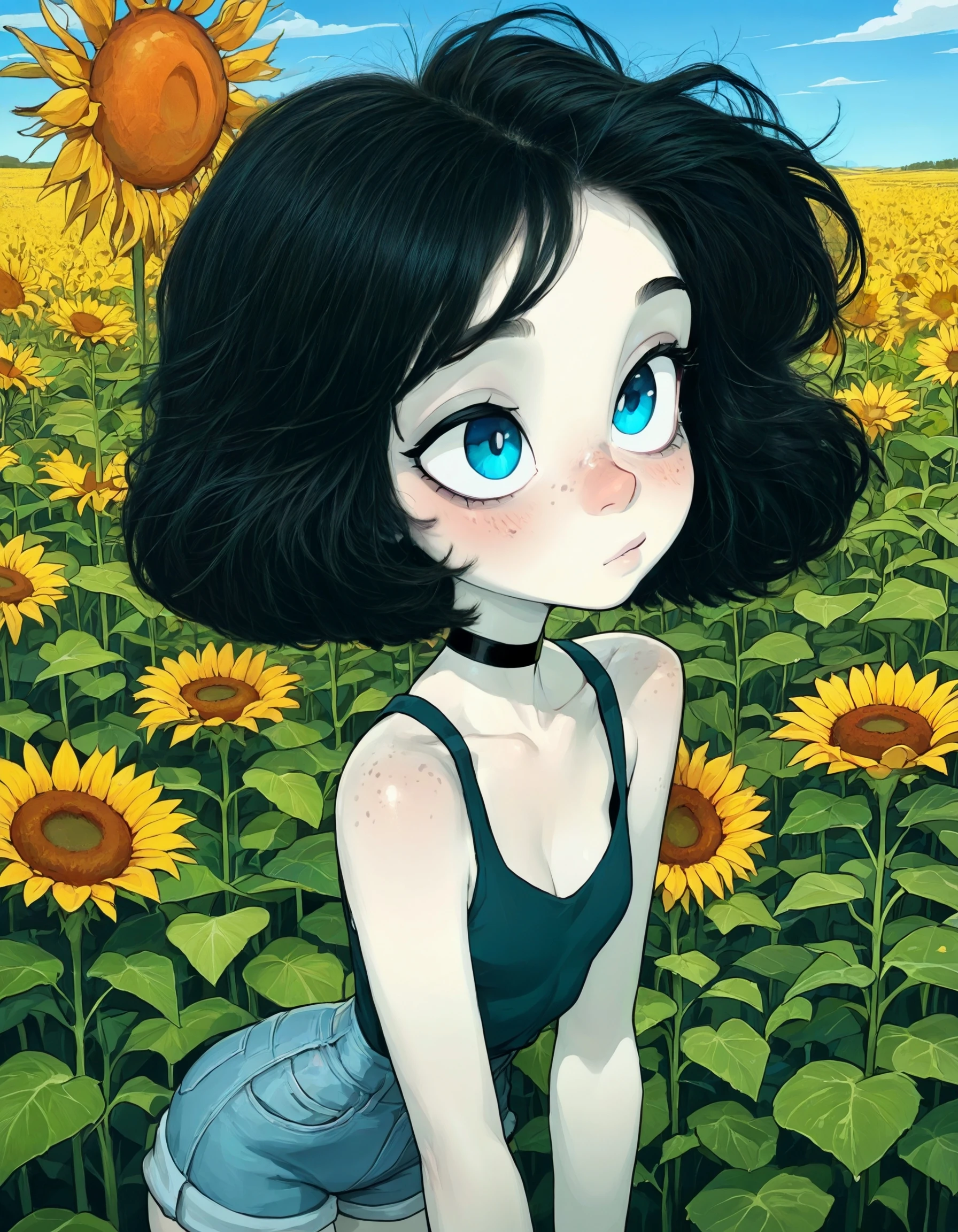 <lora:Real hair for 2D:1>,detail hair,1girl,bob hair,black hair,pale skin,blue eyes,choker,freckles,topic,shorts,fluffy hair,green field,blue sky,upper body,sun light the background,
