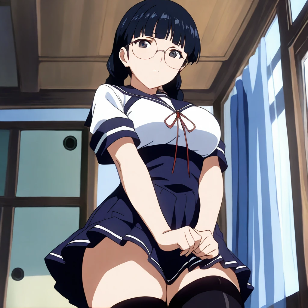 solo,looking at viewer,anime coloring,masterpiece,high score,great score,absurdres,cowboy_shot,<lora:NaoKurata ag4o:1> naokurata, black hair, twin braids, black eyes, glasses,serafuku,underbust,thighhighs,