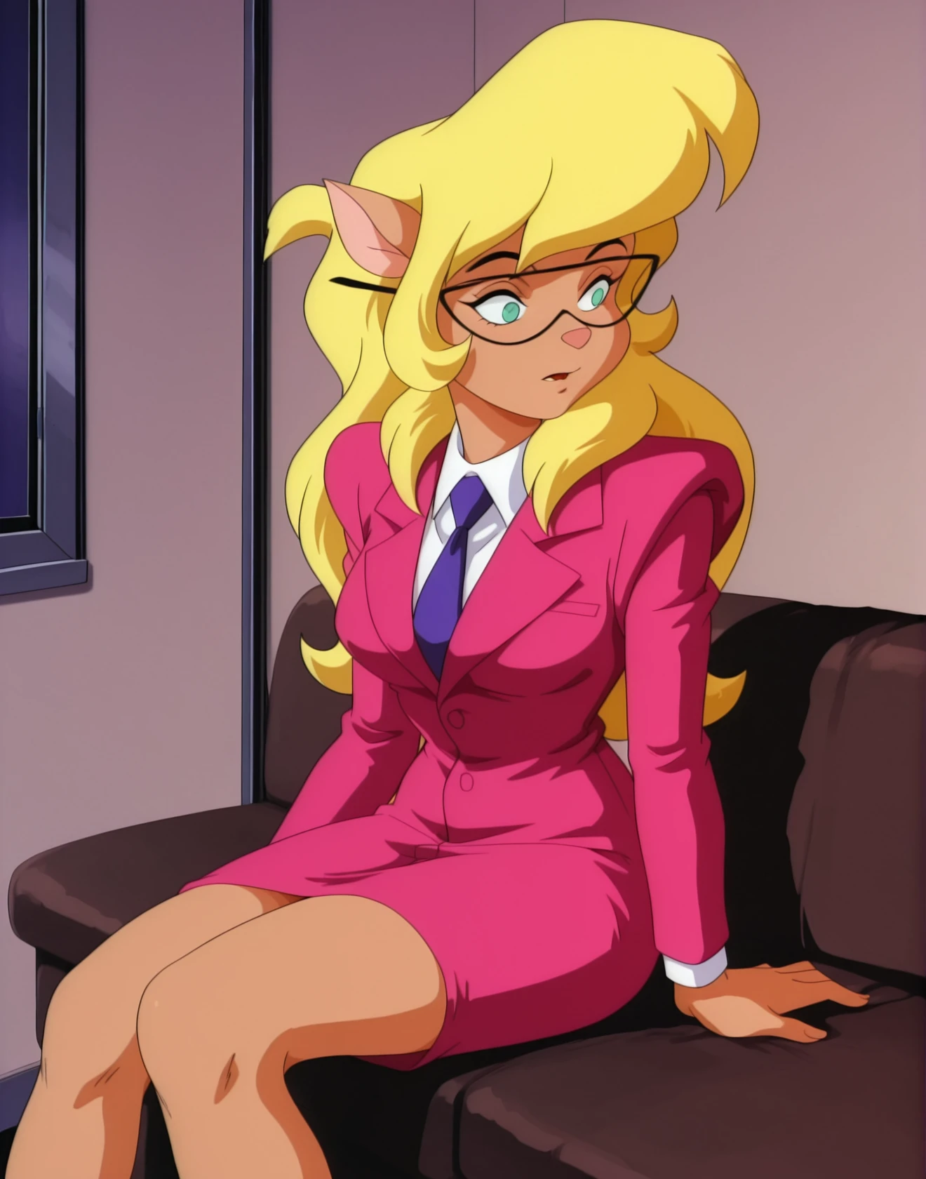 masterpiece, best quality, source_furry, 1girl, solo, Callie_BriggsSWCT, glasses, blond hair, long hair, green eyes, furry, anthro, glasses, necktie, pink formal, suit, skirt, pencil skirt, pointy ears, retro artstyle, bangs, 1990s (style), <lora:Callie_BriggsSWCT_IL:1>  inside, sitting, ,