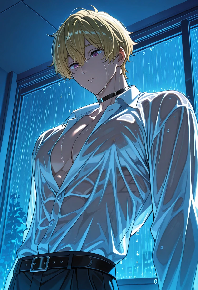 very awa, masterpiece, best quality, absurdres, newest, perfect quality, detailed background, intricate details, solo,
<lora:ILFr33Nag1saH4zuk1:1>
Fr33Nag1saH4zuk1, 1boy, male focus, blonde hair, hair between eyes, purple eyes, male focus, wet clothes, black pants, wet shirt, wet hair, black choker, from below, indoors, open shirt, open clothes, black belt, looking down, white shirt, collared shirt, water drop, dripping, see-through, rain, long sleeves, toned male, night, pectoral cleavage, window, shirt tucked in, cowboy shot, belt buckle, dress shirt, blue theme, ceiling, muscular, upper body, standing