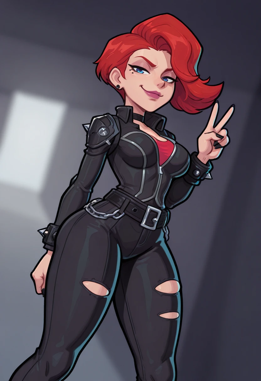 very awa, masterpiece, best quality, absurdres, newest, perfect quality, detailed background, intricate details, solo,
<lora:ILMRBl4ckW1d0w:1>
MRBl4ckW1d0w, 1girl, red hair, asymmetrical hair, short hair, blue eyes, (gothic punk fashion, spiked accessories, black ripped tights), BREAK, SDR,smug, v sign, BREAK, (dynamic angle, dynamic pose), BREAK, blurred_background,atmospheric_perspective, bokeh