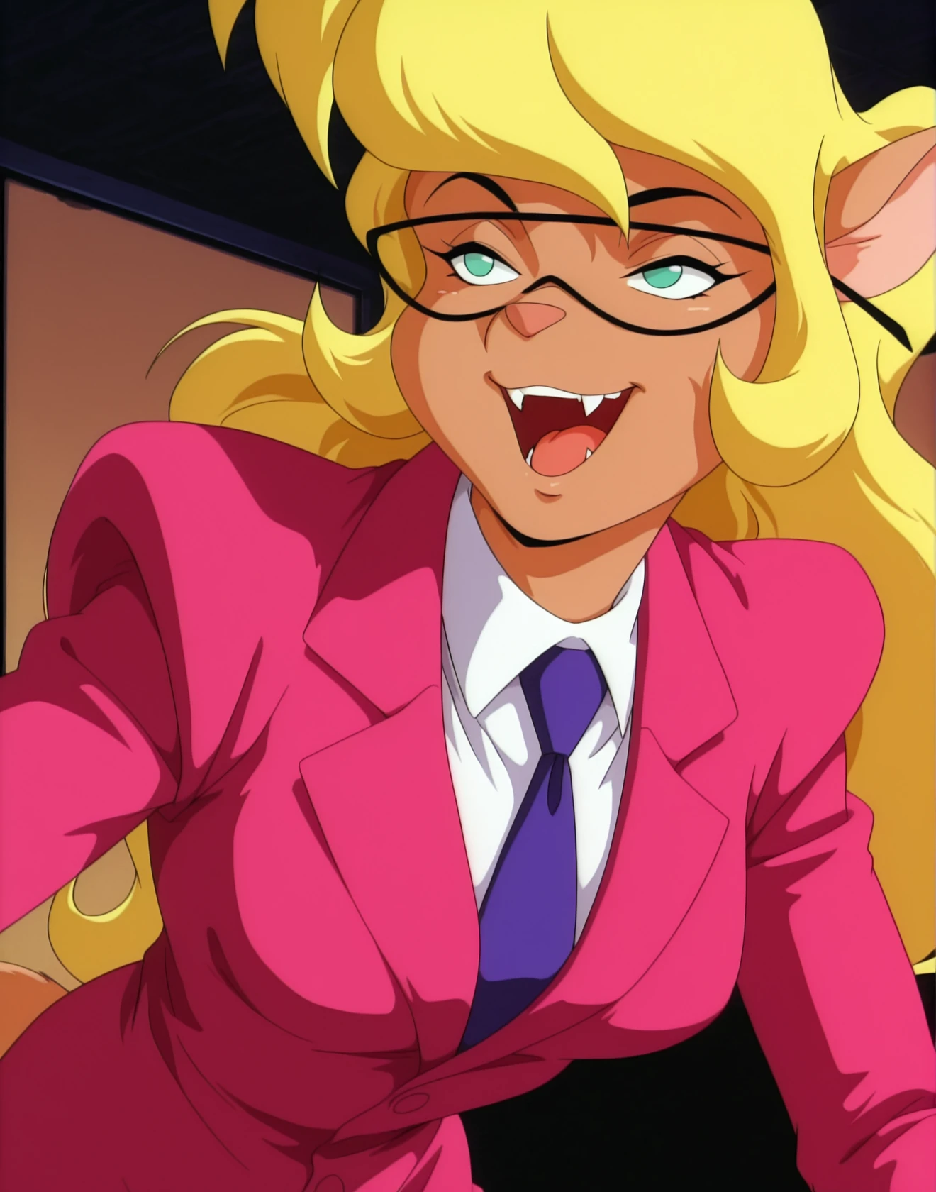 masterpiece, best quality, source_furry, 1girl, solo, Callie_BriggsSWCT, glasses, blond hair, long hair, green eyes, furry, anthro, glasses, necktie, pink formal, suit, skirt, pencil skirt, pointy ears, retro artstyle, bangs, 1990s (style), <lora:Callie_BriggsSWCT_IL:1>  smile, half open eyes, close up, face focus, fangs, open mouth,