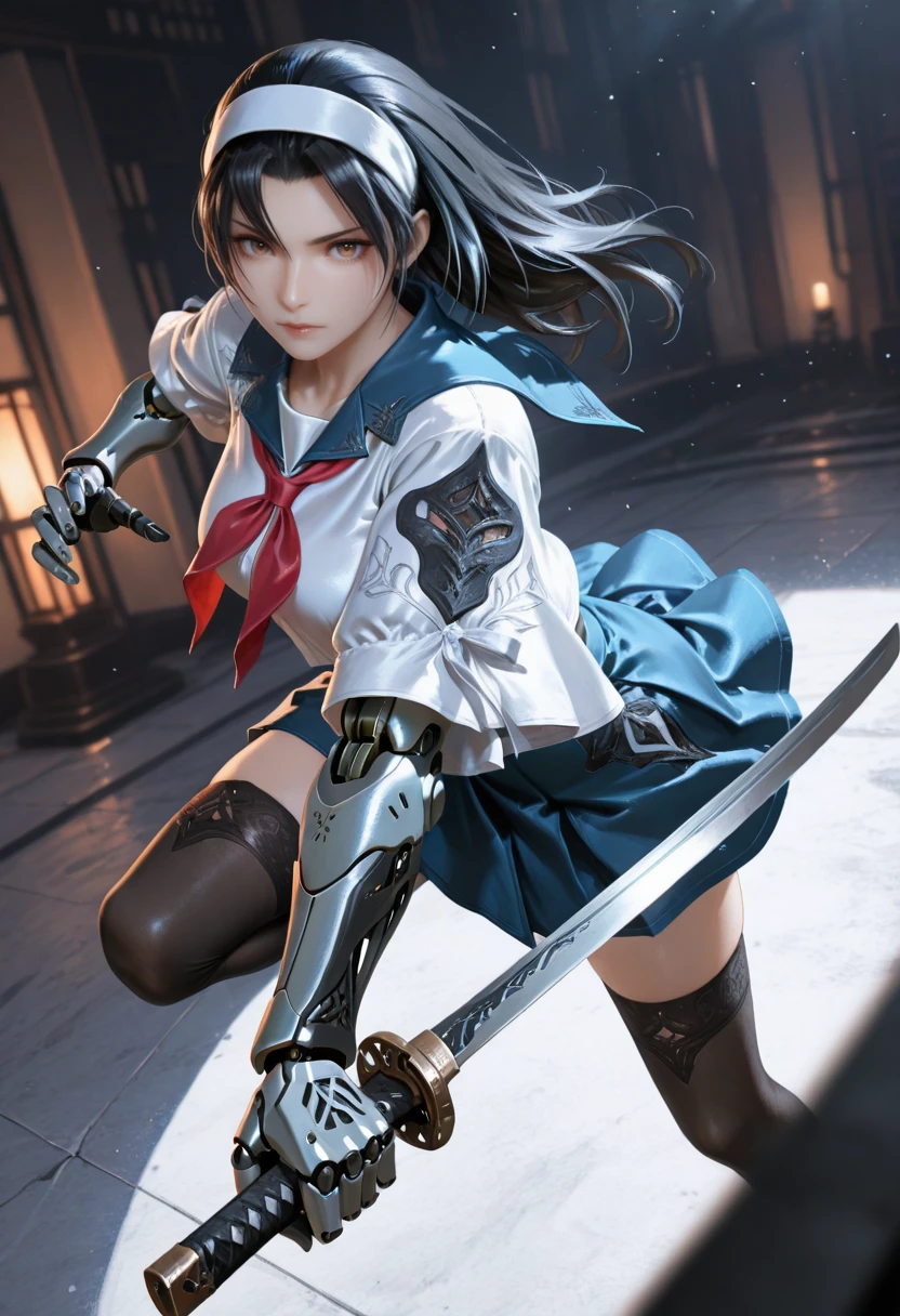 very awa, masterpiece, best quality, absurdres, newest, perfect quality, detailed background, intricate details
<lora:ILTKJun:1>
TKJun, 1girl, black hair, white hairband, long hair, brown eyes, looking at viewer, holding, full body, mechanical arms, weapon, black thighhighs, holding weapon, blue skirt, holding sword, joints, red neckerchief, white shirt, closed mouth, blue sailor collar, masterpiece, best quality, very aesthetic, absurdres, blurry background, light particles, blurry foreground, dutch angle, light particles, attractive image, dynamic pose, foreshortening, extreme perspective, (Attack Stance, Attack Action),