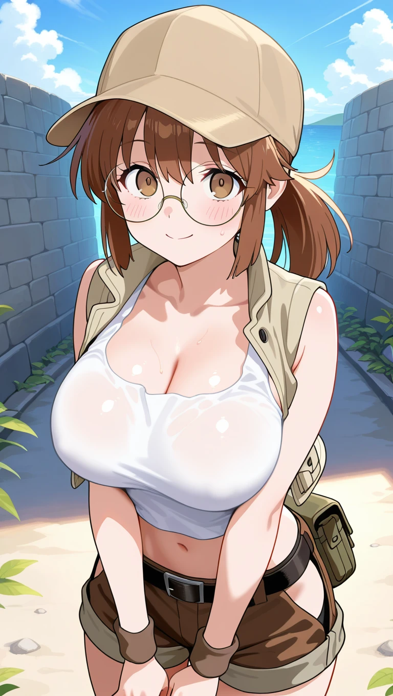 (masterpiece),best quality,amazing quality,very aesthetic,absurdres,newest,perfect body,shiny skin,perfect eyes,detail1eye,well-defined fingers,well-defined fingernails,anime style,outdoors,1girl,solo,upper body,(portrait:1.5),looking at viewer,facing viewer,smile,blush,I Was Reincarnated As The 7th Prince So I Can Take My Time Perfecting My Magical Ability anime style,Fio Germi,baseball cap,brown headwear,beige hat,long hair,brown hair,ponytail,sidelocks,bangs,brown eyes,round eyewear,collarbone,cleavage,crop top,midriff,beige vest,tank top,large breasts,wristband,navel,belt,brown shorts,short shorts,shorts rolled up,hip vent,fanny pack,knee pads,boots,<lora:Fio Germi(ms)-Illus:1.8>,<lora:I Was Reincarnated As The 7th Prince anime[style]-Illus:2>,