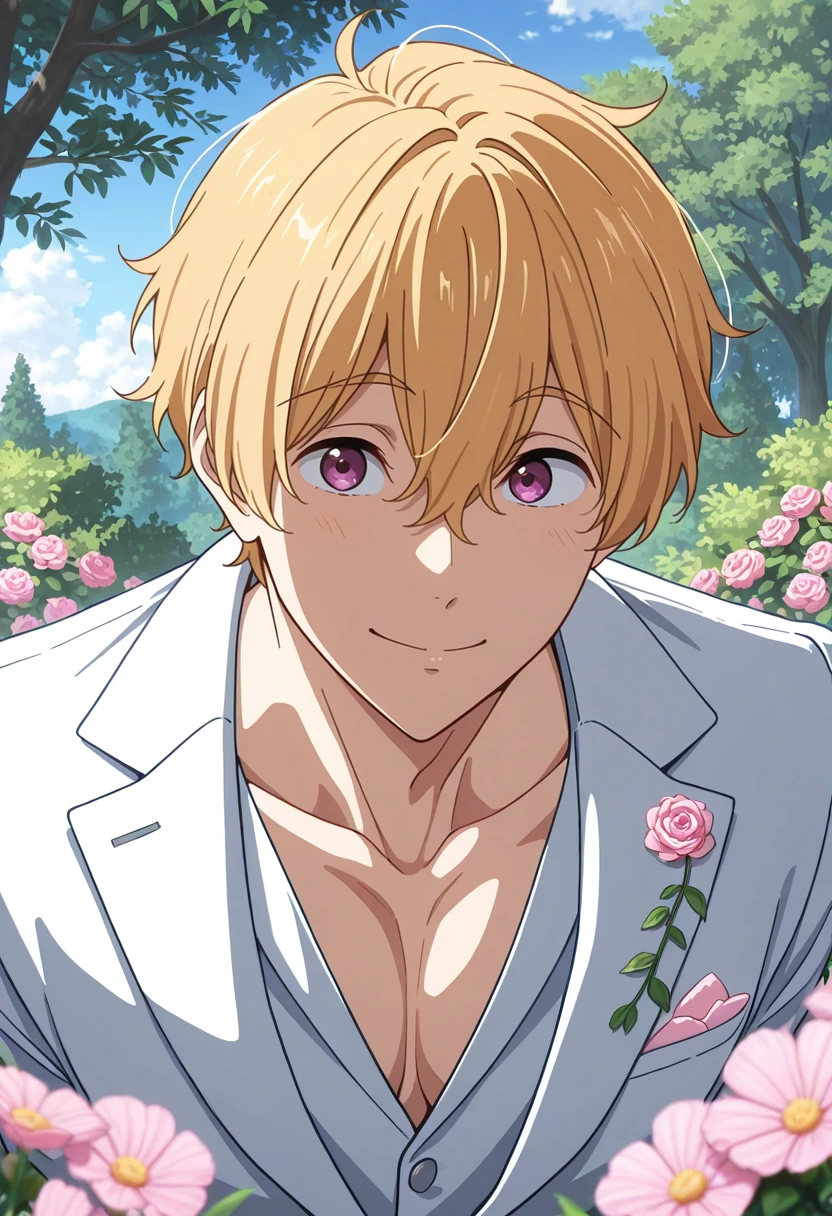 very awa, masterpiece, best quality, absurdres, newest, perfect quality, detailed background, intricate details, solo,
<lora:ILFr33Nag1saH4zuk1:1>
Fr33Nag1saH4zuk1, 1boy, male focus, blonde hair, hair between eyes, purple eyes, pink flower, white suit, cleavage, outdoors, bush, looking at viewer, smile, tree, day, sky, nature, leaf, closed mouth, plant