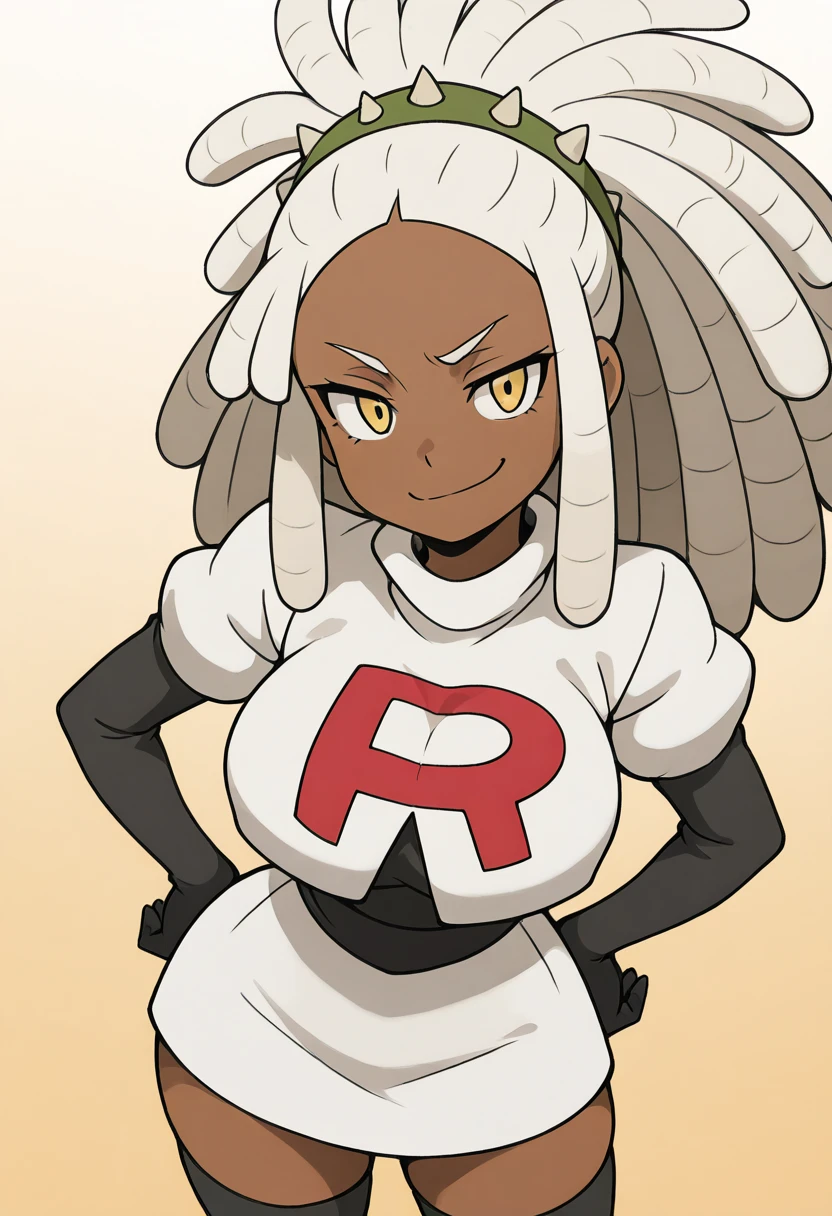 masterpiece, best quality, solo, curvy, beautiful eyes, narrow waist, wide hips, 1girl, solo, smile, looking at viewer, foreshortening, close up, zzKacti, yellow eyes, white hair, long hair, sidelocks, dreadlocks, dark skin, <lora:KactiThorn:1.0>, , smile, looking at viewer, cowboy shot, large breasts, smug, Cosplay_TeamRocket, team rocket uniform, white jacket, cropped jacket, white skirt, elbow gloves, black thighhighs, zettai ryouiki, <lora:CosplayTeamRocketIXL:1.0>,