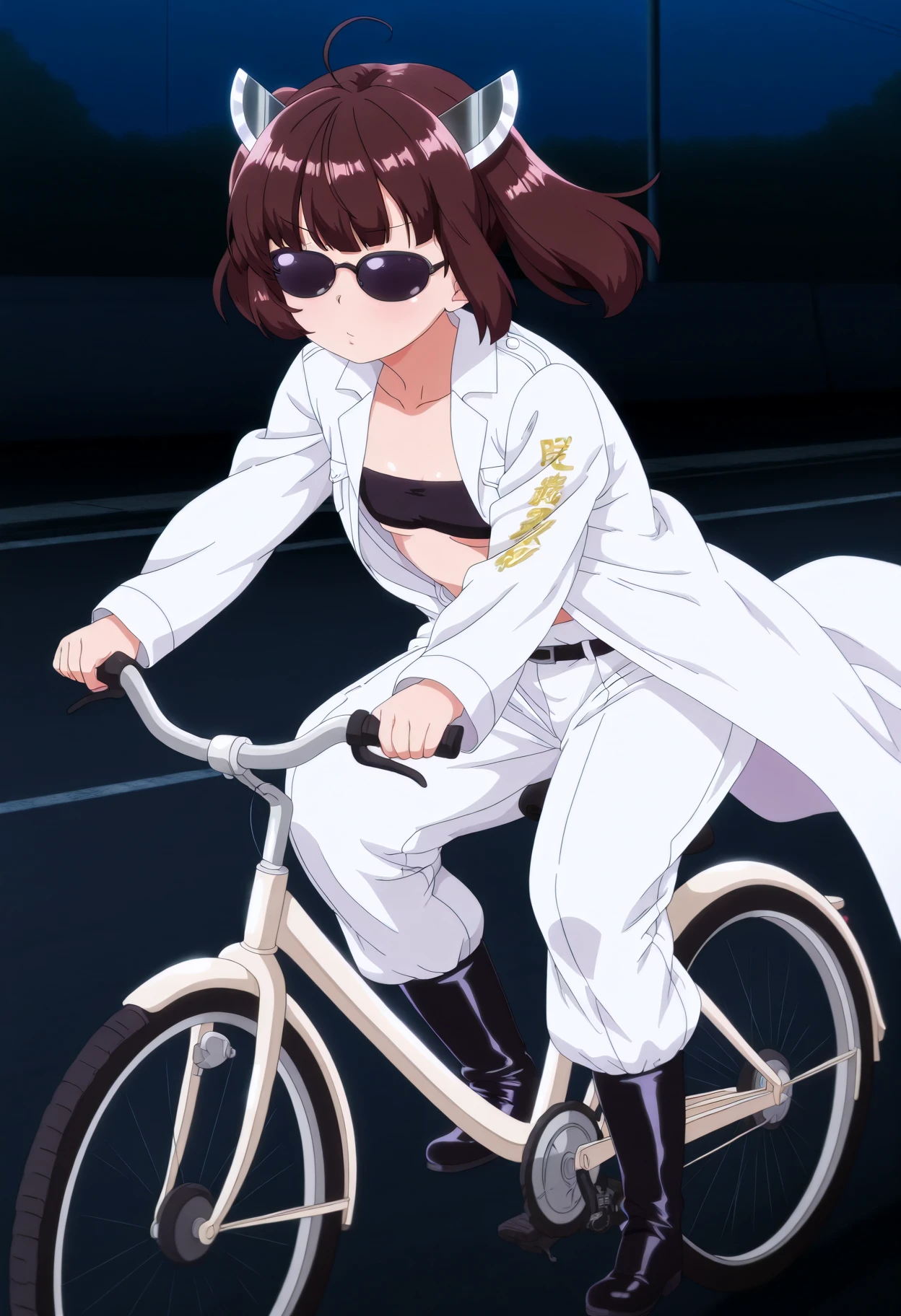 highres, hi res, best quality, masterpiece, anime coloring, anime screencap,  TRexStyle,
1girl, solo,touhoku kiritan, sunglasses,
TokkoFuku, black bandeau, black belt,  open clothes, doragon print long coat,  pants tucked in, black boots,
<lora:TokkoFuku-IL-v1-rev1:1>
at night, parking lot, riding bicycle,