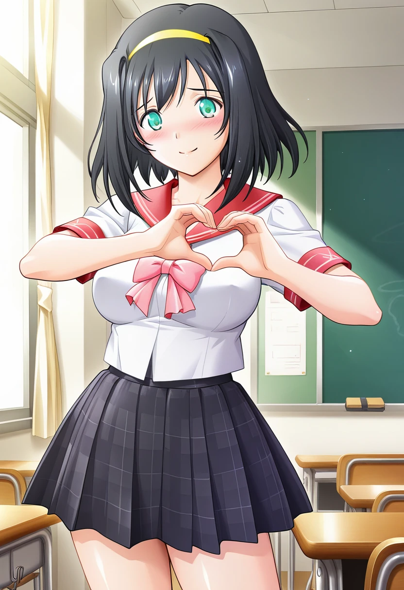 masterpiece, best quality, amazing quality, very aesthetic, absurdres, ultra detailed,
1girl, solo, ak3h1me_m@yu, green eyes, black hair, short hair, yellow hairband, large breasts, shiny skin BREAK school uniform, pink bow, red sailor collar, plaid skirt, black skirt,
embarrassed, shy smile, blush, standing, heart hands, classroom, cowboy shot, sharp focus, depth of field <lora:akehime mayu v1.0-000014:1>