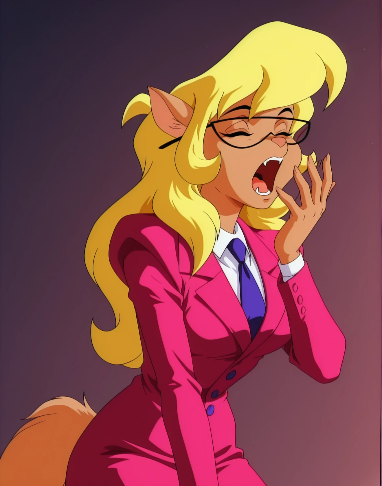 masterpiece, best quality, source_furry, 1girl, solo, Callie_BriggsSWCT, glasses, blond hair, long hair, green eyes, furry, anthro, glasses, necktie, pink formal, suit, skirt, pencil skirt, pointy ears, retro artstyle, bangs, 1990s (style), <lora:Callie_BriggsSWCT_IL:1>   yawning, close up, face focus, fangs, open mouth, closed eyes,