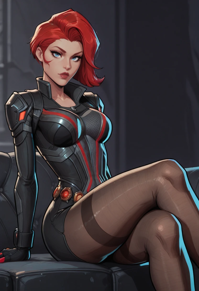 very awa, masterpiece, best quality, absurdres, newest, perfect quality, detailed background, intricate details, solo,
<lora:ILMRBl4ckW1d0w:1>
MRBl4ckW1d0w, 1girl, red hair, asymmetrical hair, short hair, blue eyes, looking at viewer, grunge, buttcrack_visible, thigh_gap, legs_crossed_while_sitting, crossed_legs, sheer_black_stockings_with_filigree_embroidery, long_shot, dynamic_angle