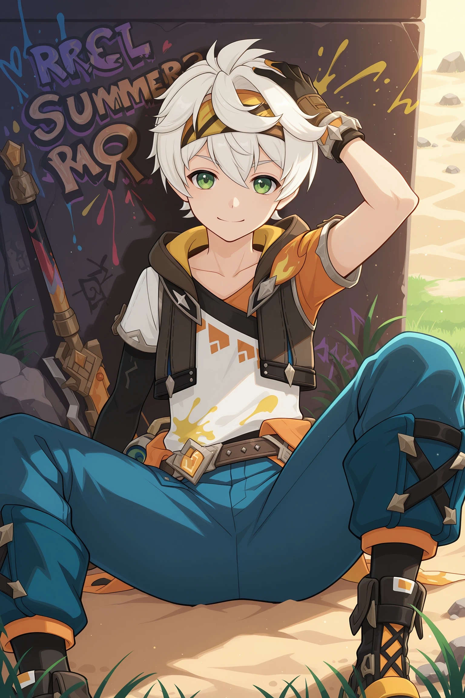 masterpiece, best quality, absurdres, ultra-detailed, extremely detailed, anime, volumetric lighting, bennett_skin, 1boy, male focus, green eyes, paint, sitting, smile, gloves, spread legs, reclining, white hair, blue pants, headband, looking at viewer, graffiti, rock, outdoors, grass, sand, summer, party, hand on head <lora:bennett_adventures_in_blazing_hue:1>
