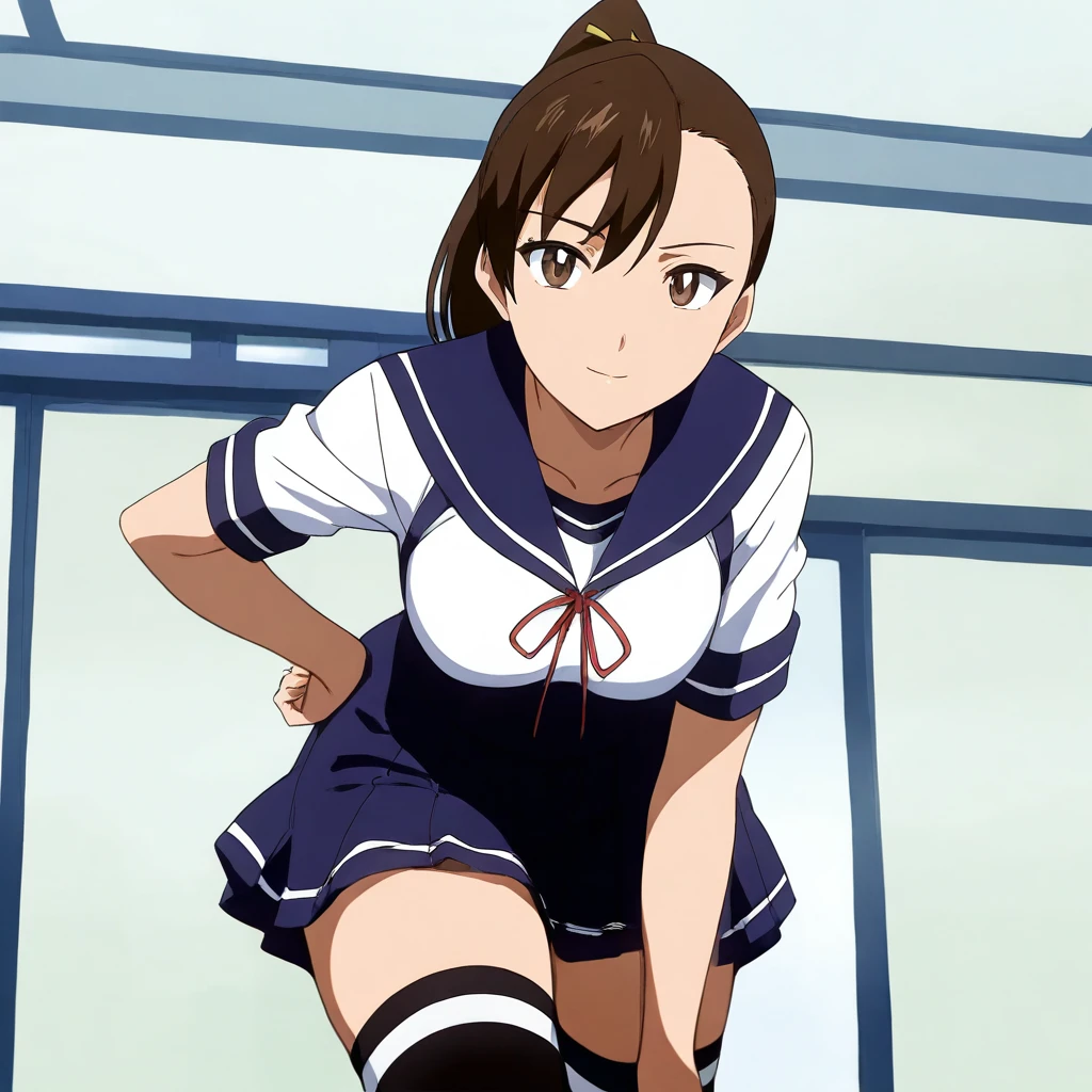 solo,looking at viewer,anime coloring,masterpiece,high score,great score,absurdres,cowboy_shot,<lora:YuiNemoto ag4o:1> yuinemoto, brown hair, ponytail, brown eyes,serafuku,thighhighs,