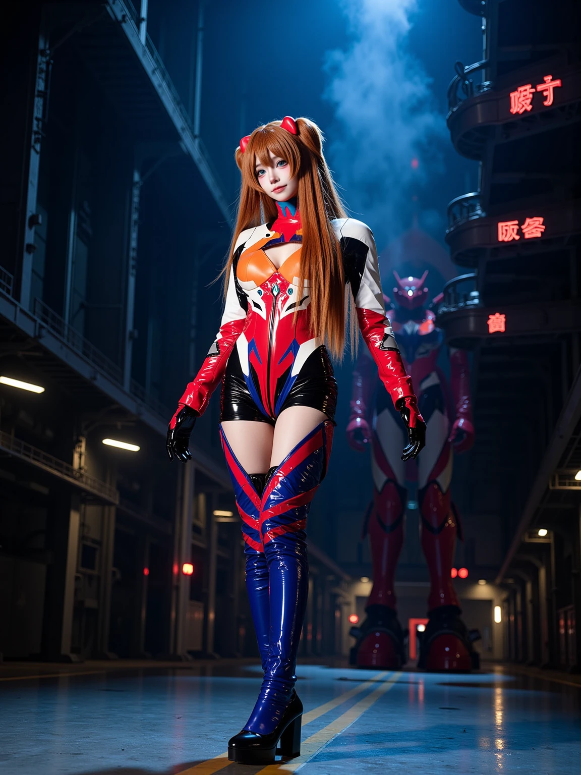 A realistic photo of a tall and slender beautiful young woman in cyb-asuka cosplay costume. She is also wearing gloves and black high heels. She has long orange twintails hair with interface headset.
The scene is Vast underground EVA hangar bathed in dim industrial light, towering steel support beams stretching into the shadows, massive armored maintenance platforms, glowing red warning signs in Japanese, steam hissing from hydraulic vents, suspended catwalks with dangling cables, a giant mecha partially visible in the background.
The photo is a full body shot with her entire body visible and with intricate details scene.